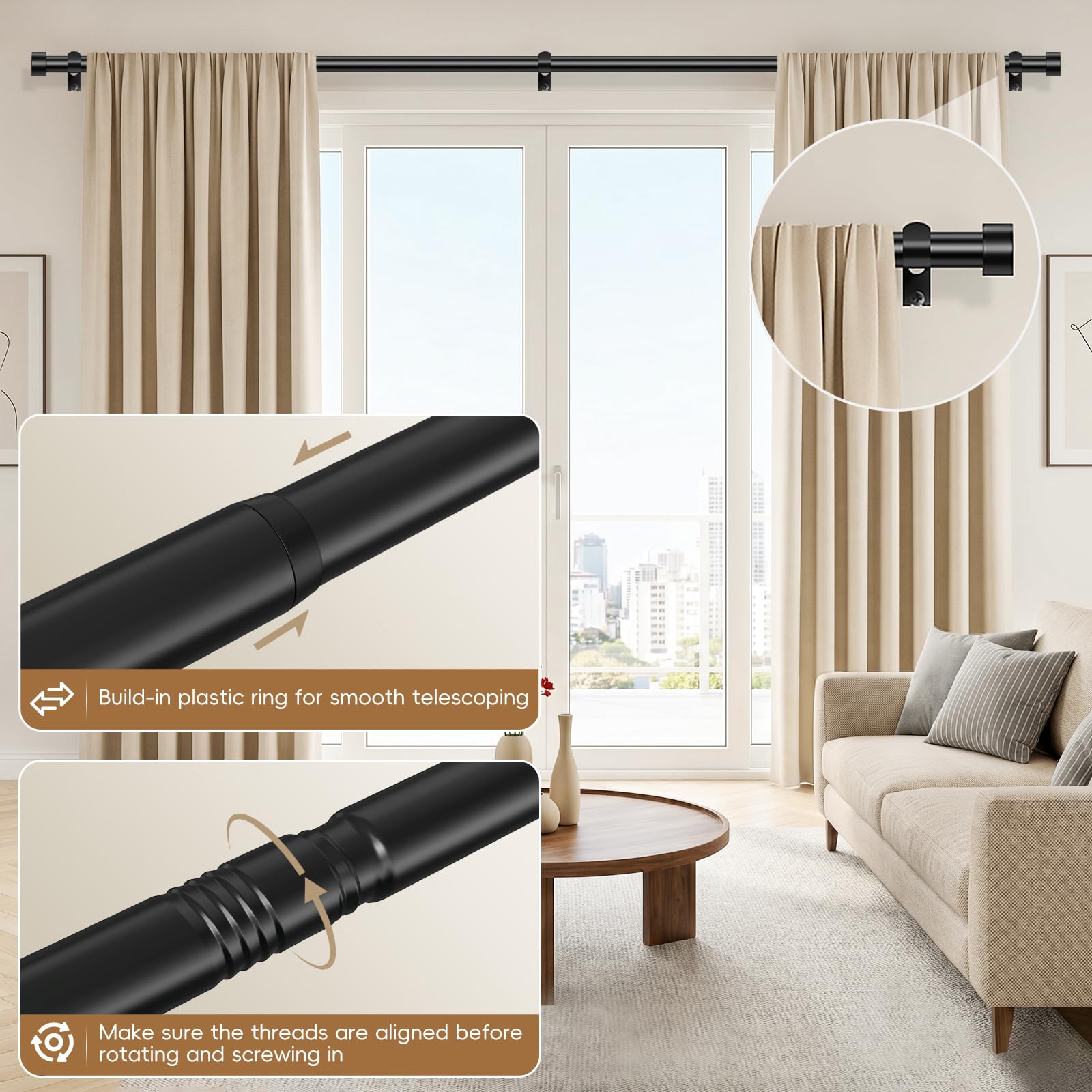 OLV Black Curtain Rod 36 to 45 Inch, 1 Inch Adjustable Modern Curtain Rods for Windows, Decorative Heavy Duty Window Treatment Rods with End Cap Finials, Telescopic Splicing Drapery Pole, Easy Install