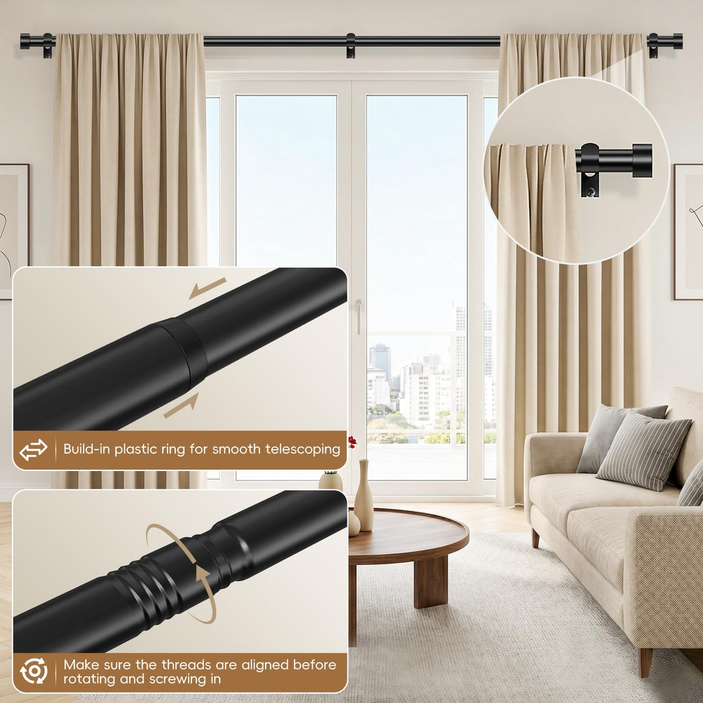 OLV Black Curtain Rod 36 to 45 Inch, 1 Inch Adjustable Modern Curtain Rods for Windows, Decorative Heavy Duty Window Treatment Rods with End Cap Finials, Telescopic Splicing Drapery Pole, Easy Install