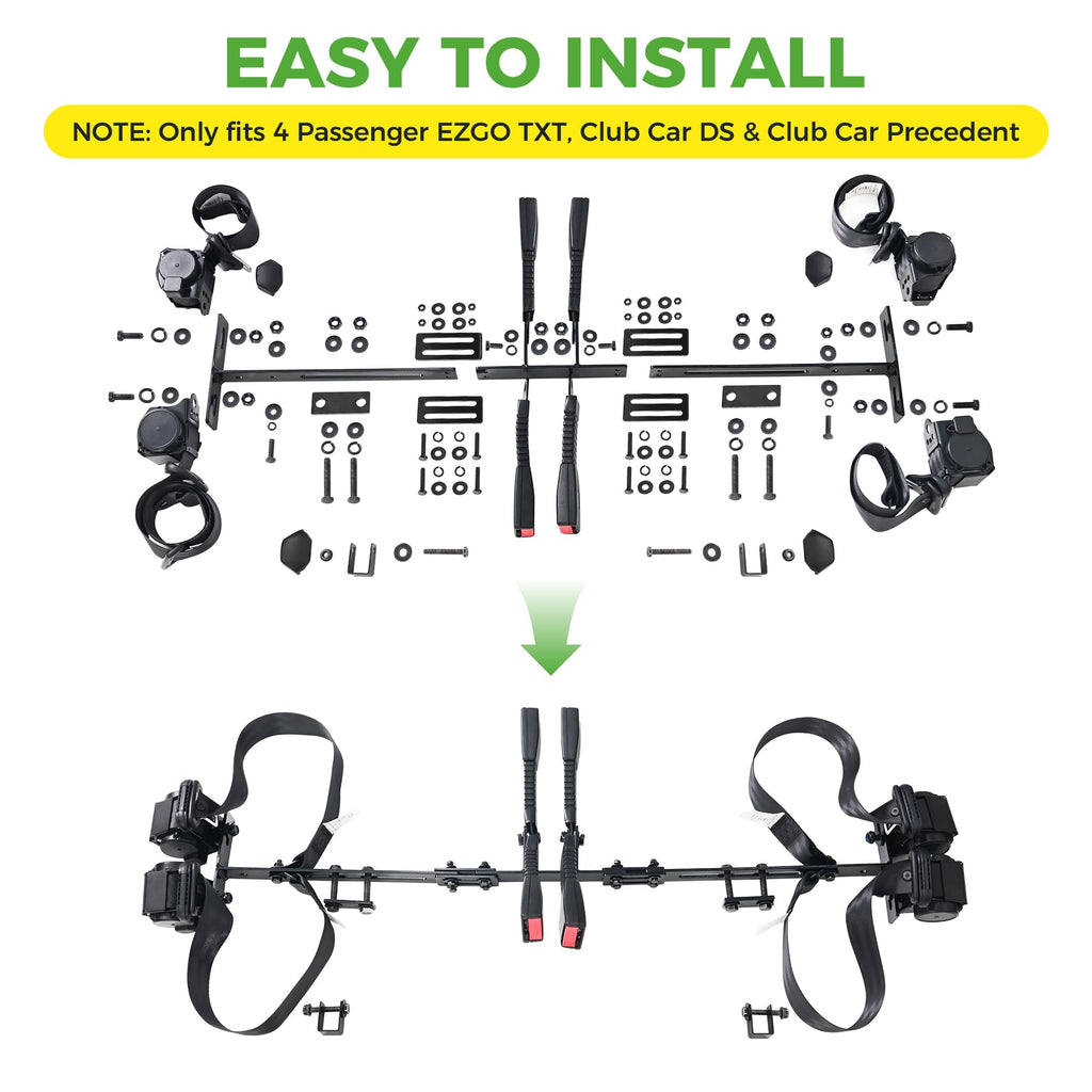 10L0L 4 Passenger (2+2) Golf Cart Seat Belt Kit for EZGO, Yamaha, Club Car, Fits Front Rear Seat, with Bracket