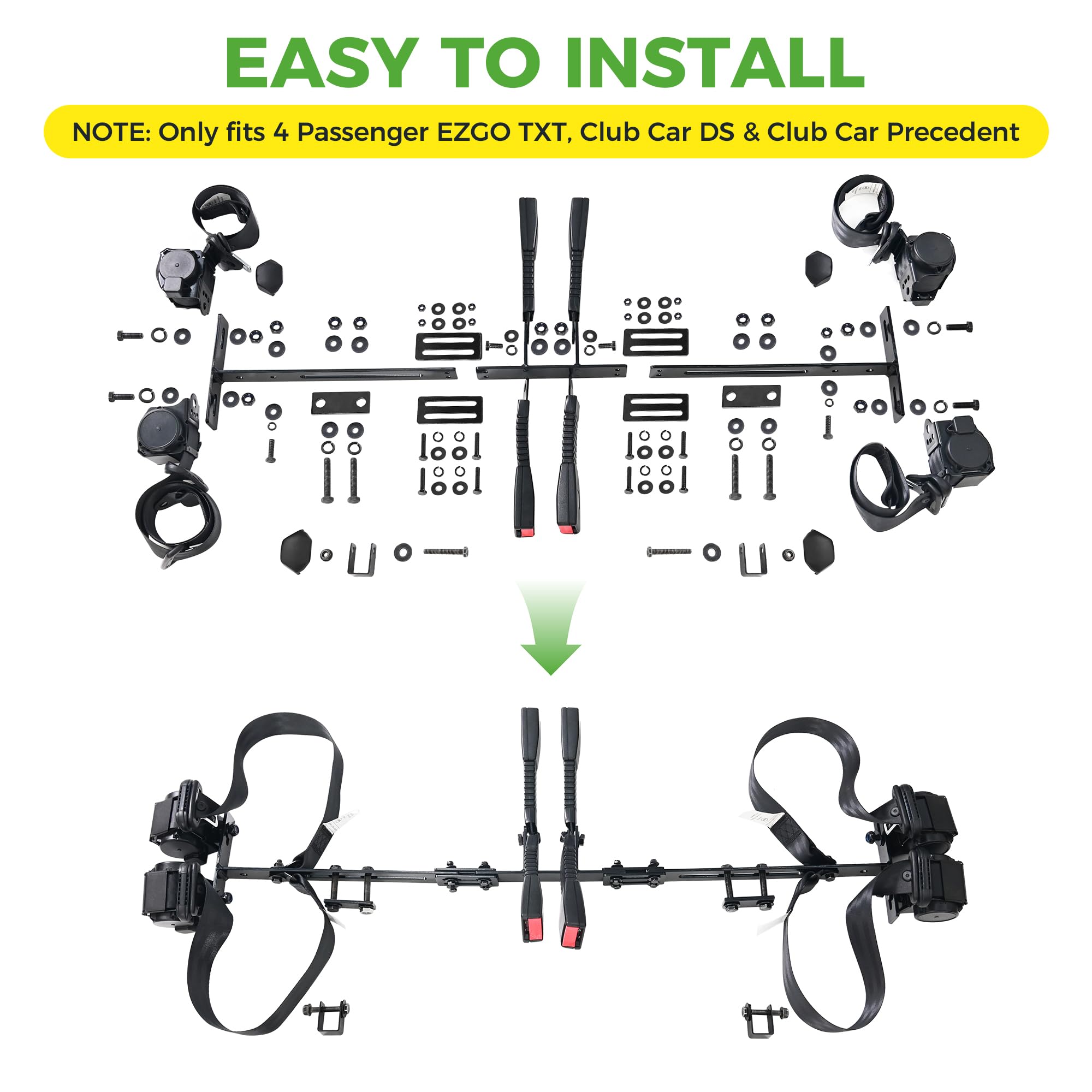 10L0L 4 Passenger (2+2) Golf Cart Seat Belt Kit for EZGO, Yamaha, Club Car, Fits Front Rear Seat, with Bracket
