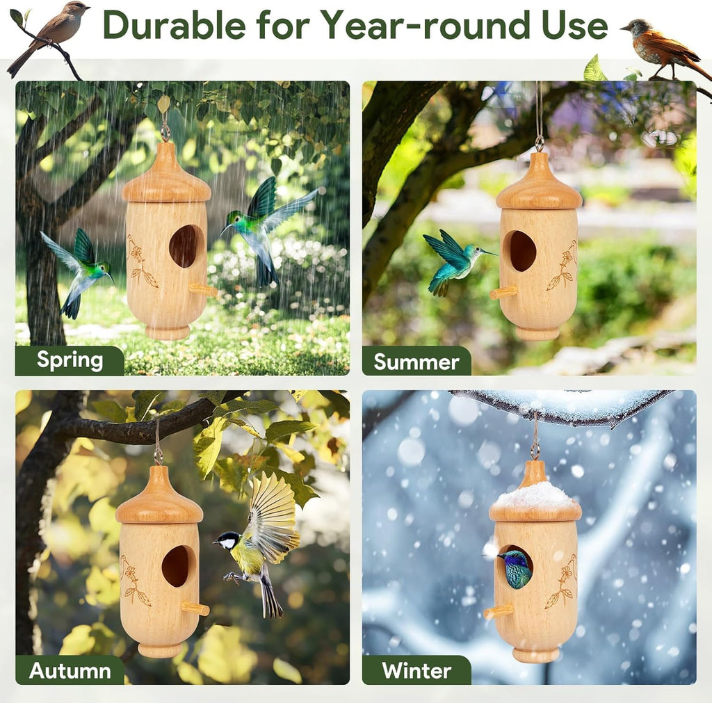 Hummingbird House, Small Hummingbird Houses for Outside, Wooden Bird House with Bow, String, Cute Gardening Gifts Home Decoration
