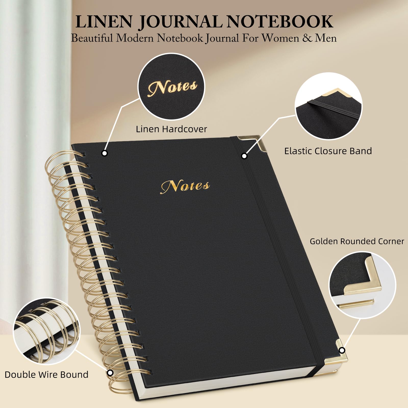 Spiral Notebook Journal, 328 Pages Linen Hardcover College Ruled Notebook, Lined Thick Journals for Women Men, A4 Thick Spiral Journal for Writing, 100GSM Paper, Cute Notebooks for Work School