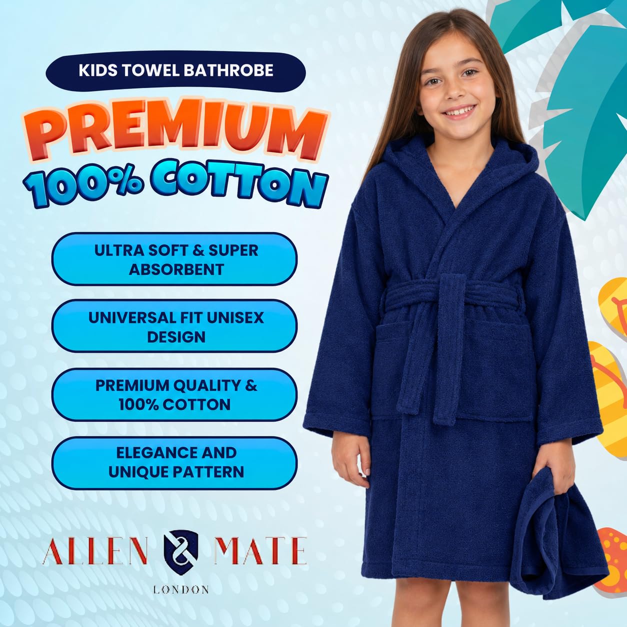 ALLEN & MATE 100% COTTON Hooded Kids Bathrobe – Soft, Medium Weight Absorbent Bath Towel Robe for Boys & Girls, 6-15 Years