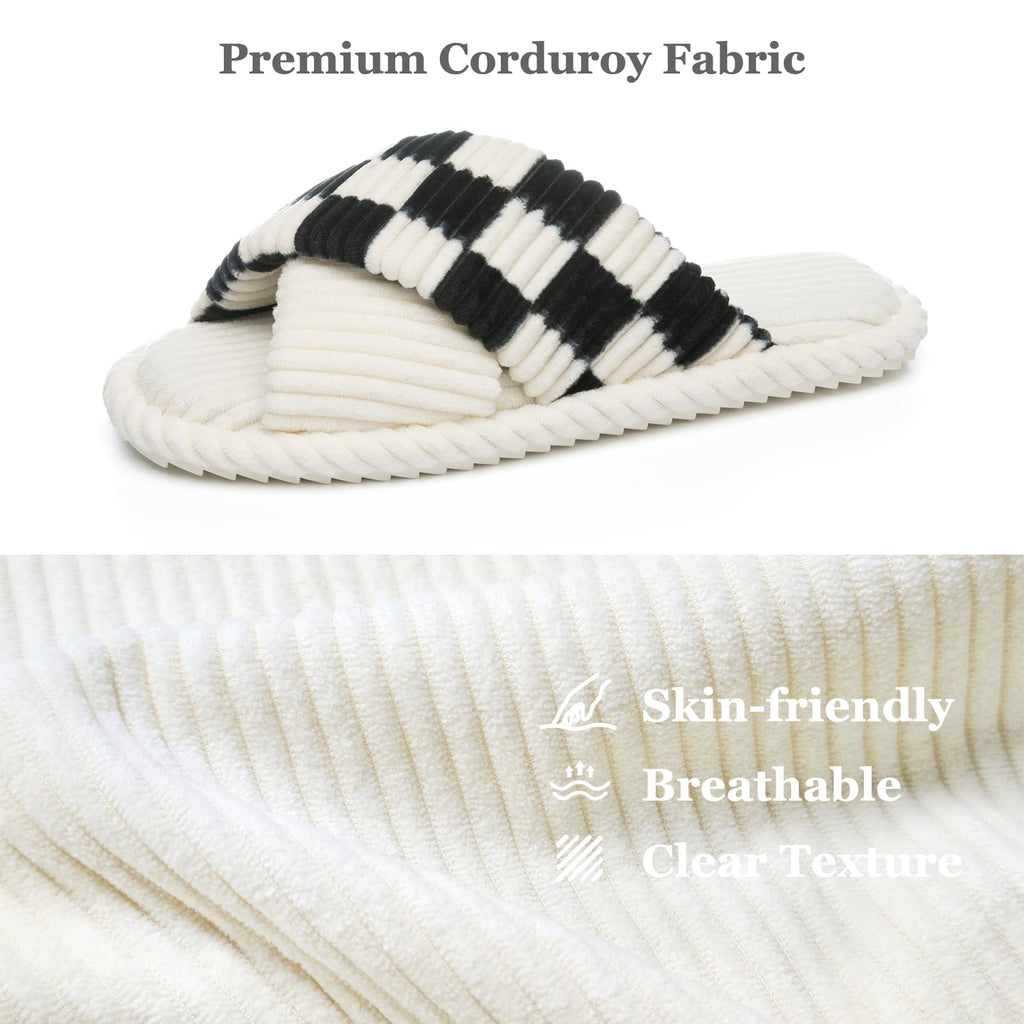 GOEWY Slippers for Women Memory Foam House Bedroom Corduroy Crossbands Open Toe Slides Sandals Shoes Comfy Trendy Gift for womens Anti-Skid sole