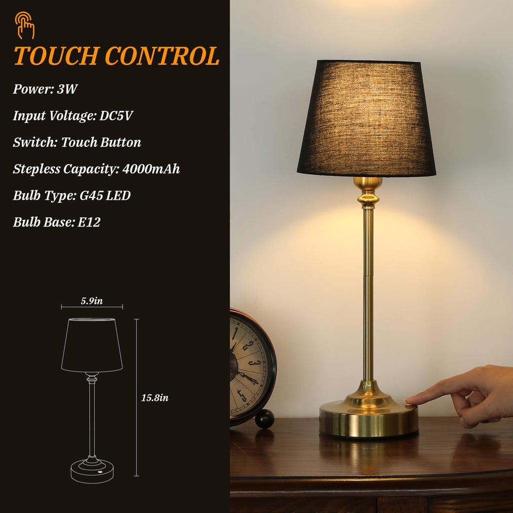Touch Control Cordlss Table Lamp, USB-C Rechargeable Lamp with Stepless Dimming, 4000mAh Battery Operated Bedside Lamp for Bedroom, Living Room, Night Light & Emergency Lighting, Black, 1 Pack