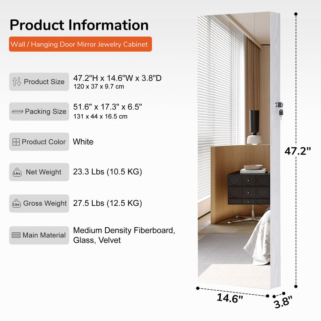 GISSAR Full Length Mirror Jewelry Cabinet, 6 LEDs Jewelry Armoire Wall Mounted Over The Door Hanging, Jewelry Organizer Storage with Lights Lockable, Black, 14.6" x 47.2"
