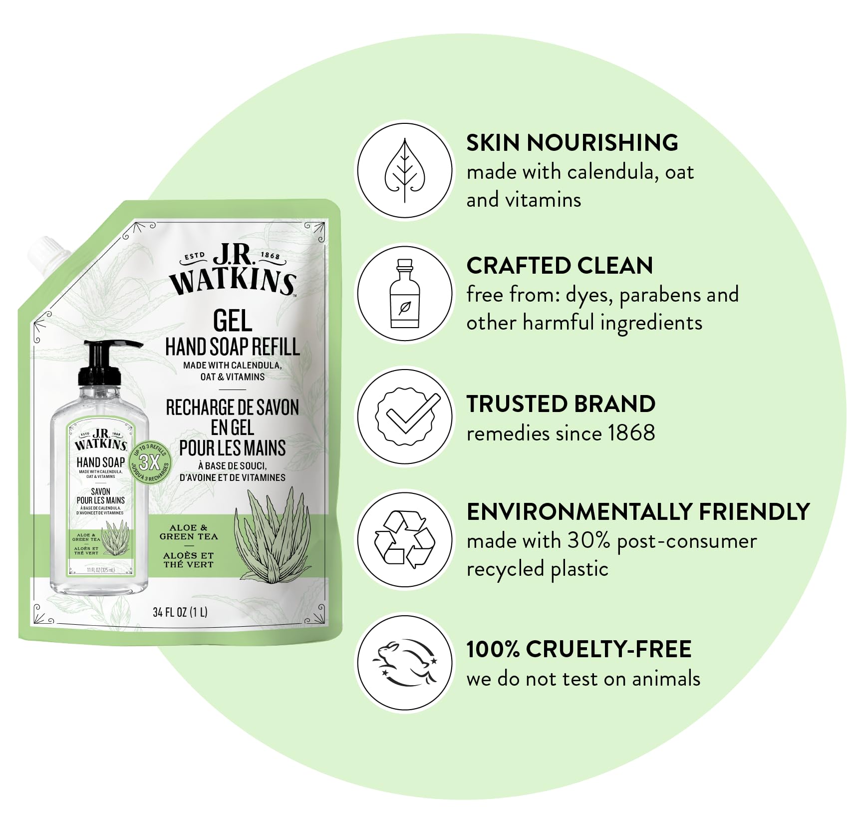 J.R. Watkins Gel Hand Soap Refill, Moisturizing Hand Wash, Formulated with Plant-Based Cleansers, Alcohol-Free, Cruelty-Free, Aloe & Green Tea, 34 Fl Oz, 2 Pack