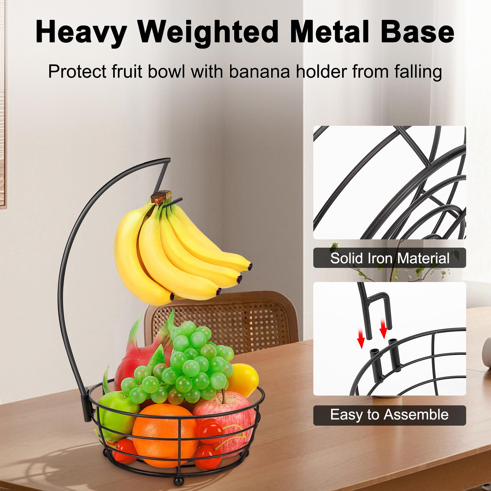 Livabber Countertop Fruit Basket Bowl with Banana Hanger, Modern Standing Fruit Vegetable Bowl Storage, with Banana Tree Holder for Kitchen Dinning Table (Round Marble, Black)