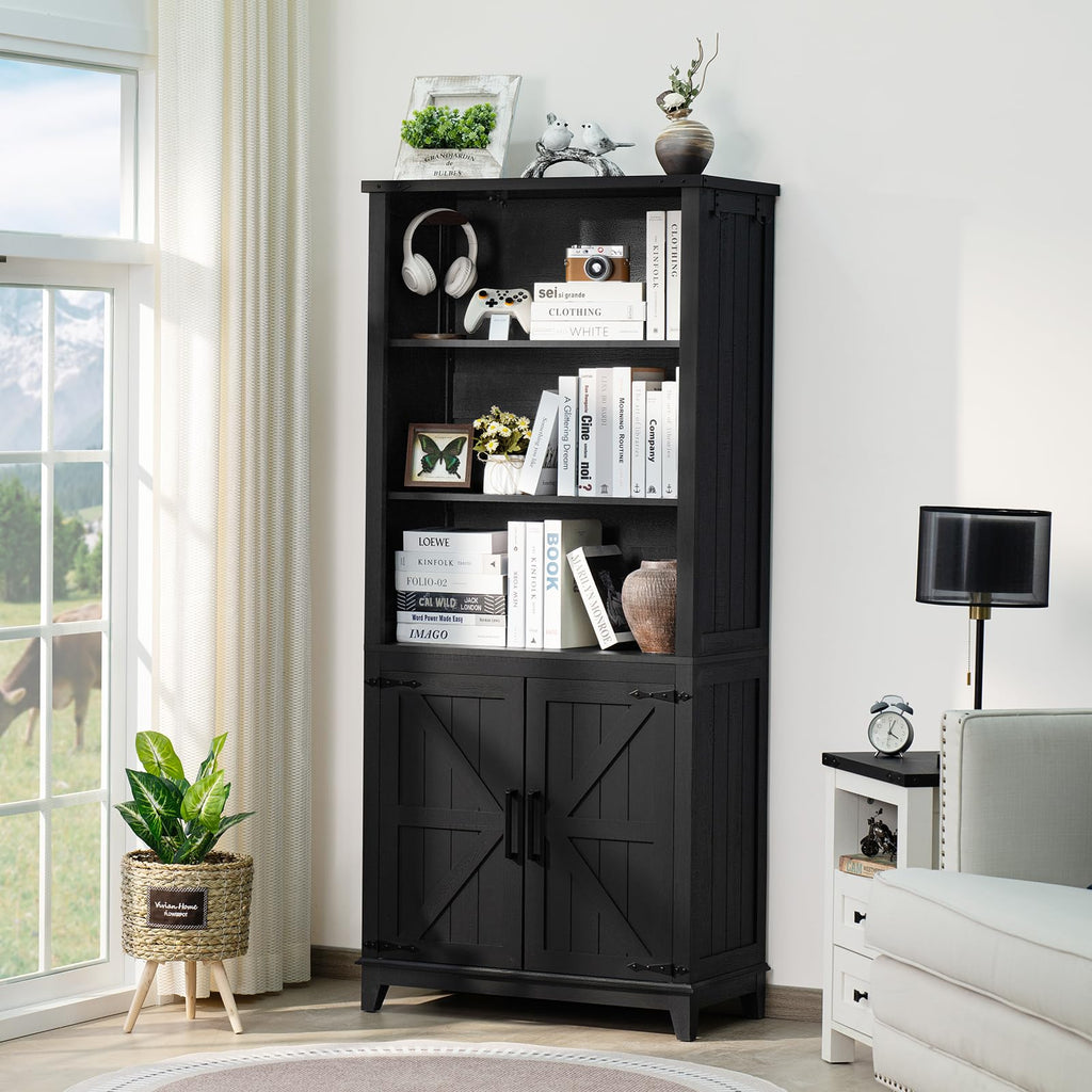 Joaxswe 70in Tall Bookshelf 5 Tier Bookcase with Barn Doors and Adjustable Shelves, Black Farmhouse Book Shelf with Storage Cabinet, Wood Freestanding Display Bookshelves for Bedroom, Living Room