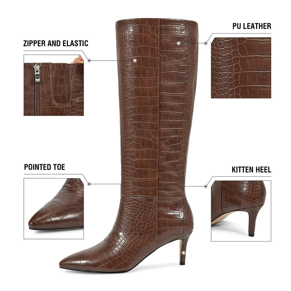 wetkiss Knee High Boots for Women - Pointed Toe Kitten Heel & Crocodile, Side Full Zipper for Easy Wear, All-Day Comfort Boots for Work, Party and Daily Chic Style