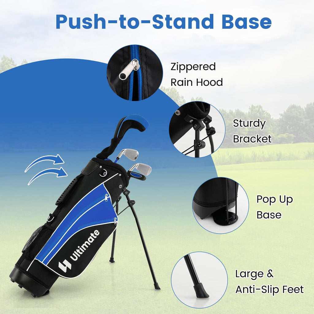 Tangkula Junior Golf Club Set for Children Right Hand, Includes #3 Fairway Wood & #7/#9 Irons, Putter, Head Cover & Rain Hood, Golf Stand Bag, Perfect for Children, Kids