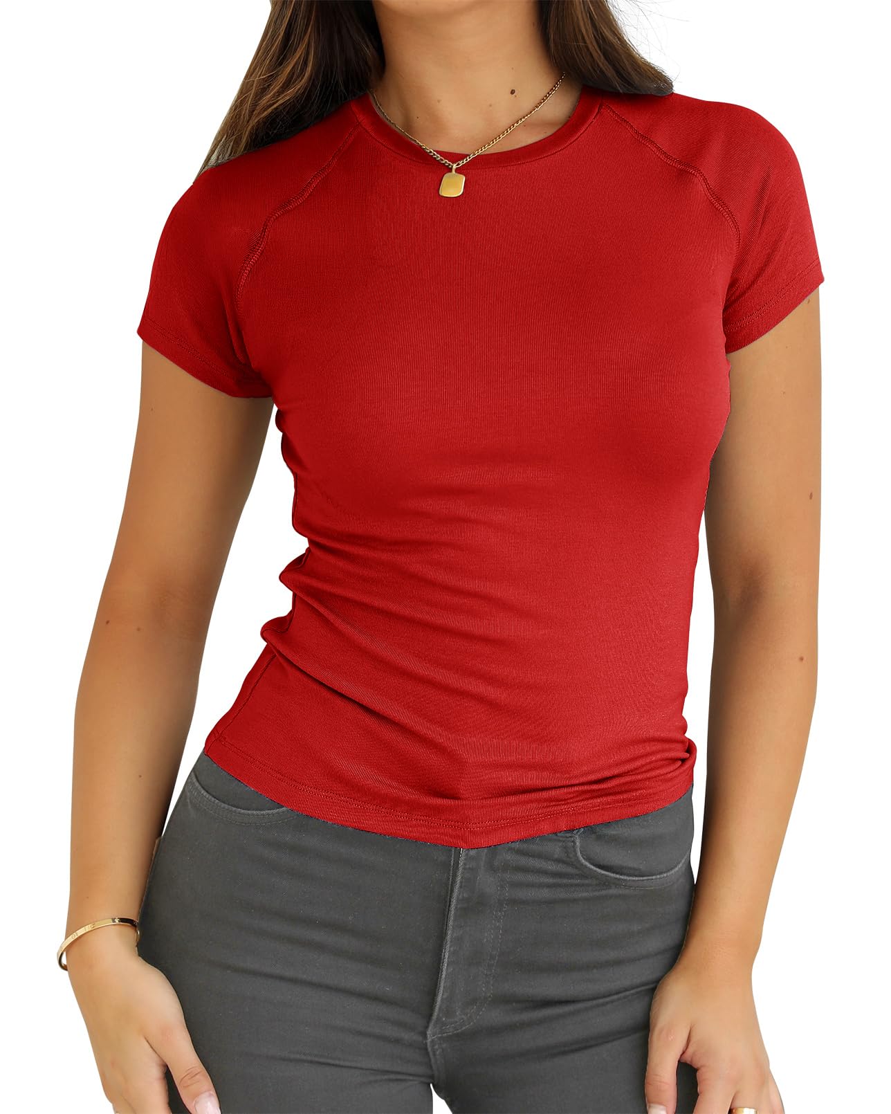 Abardsion Women Casual Raglan Sleeve Slim Fit T Shirts - 2026 Summer Crewneck Short Sleeve Basic Going Out Tops Workout