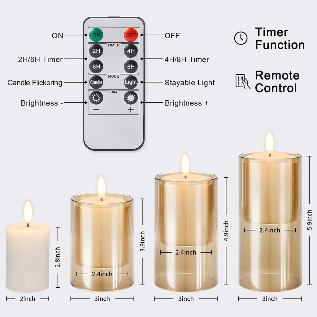 NURADA Flameless Candles with Remote Timer: 3D Wick Battery Operated Led Pillar Acrylic Fake Candle Set for Home Decoration Romantic Ambiance - Gold 2 Pack