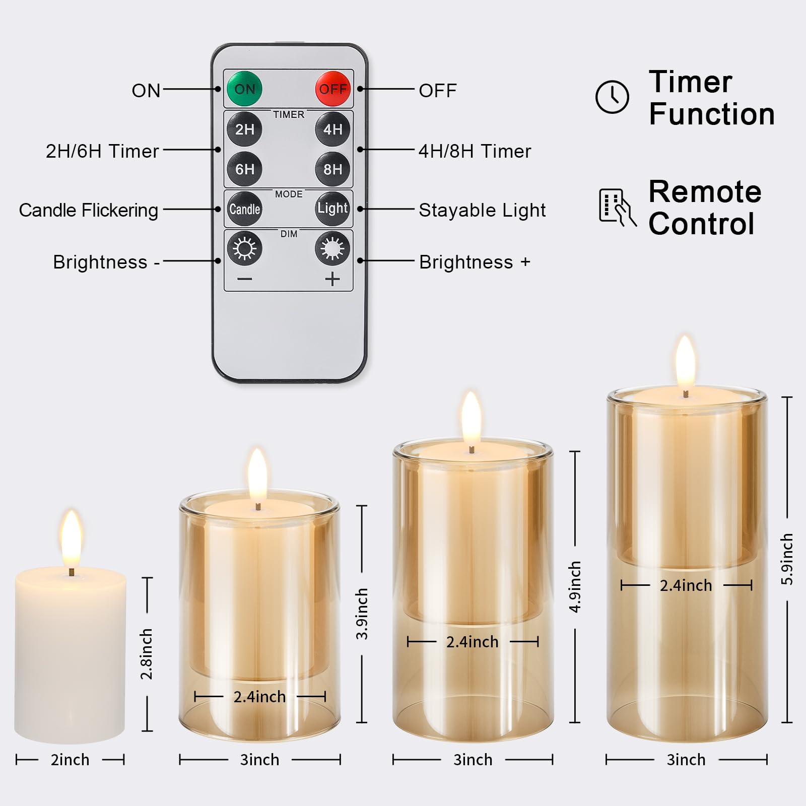 NURADA Flameless Candles with Remote Timer: 3D Wick Battery Operated Led Pillar Acrylic Fake Candle Set for Home Decoration Romantic Ambiance - Gold 2 Pack