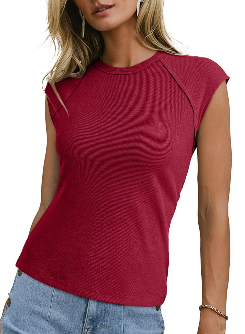 Sidefeel Womens Tops Casual Crewneck Cap Sleeve Tops Ribbed Raw Hem Summer T Shirts Slim Fit Basic Tees Blouses