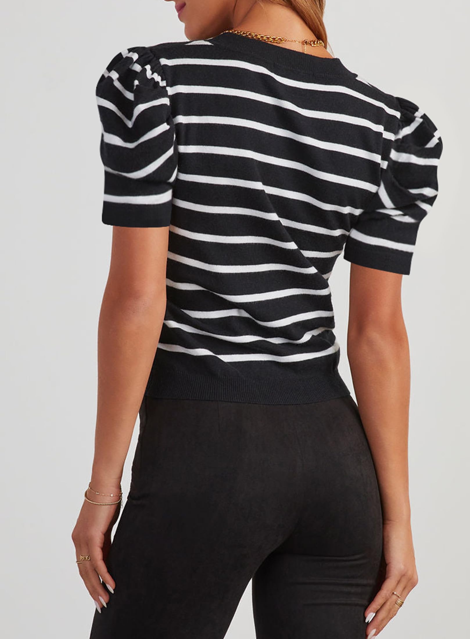 HAEOF Women's Striped Puff Short Sleeve Spring Tops 2026 Summer T Shirts Lightweight Sweater Dressy Casual Cute Work Blouses