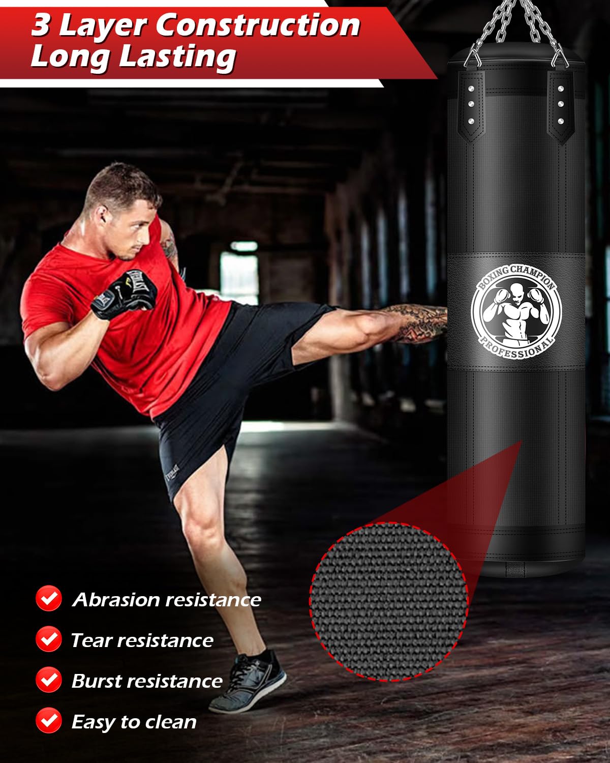 YORWHIN Punching Bag for Adults, 4FT PU Heavy Boxing Bags with Chain Ceiling Hook, Hanging Boxing Bag for Kickboxing Muay Thai Karate Judo Taekwondo Home Gym Training, Unfilled