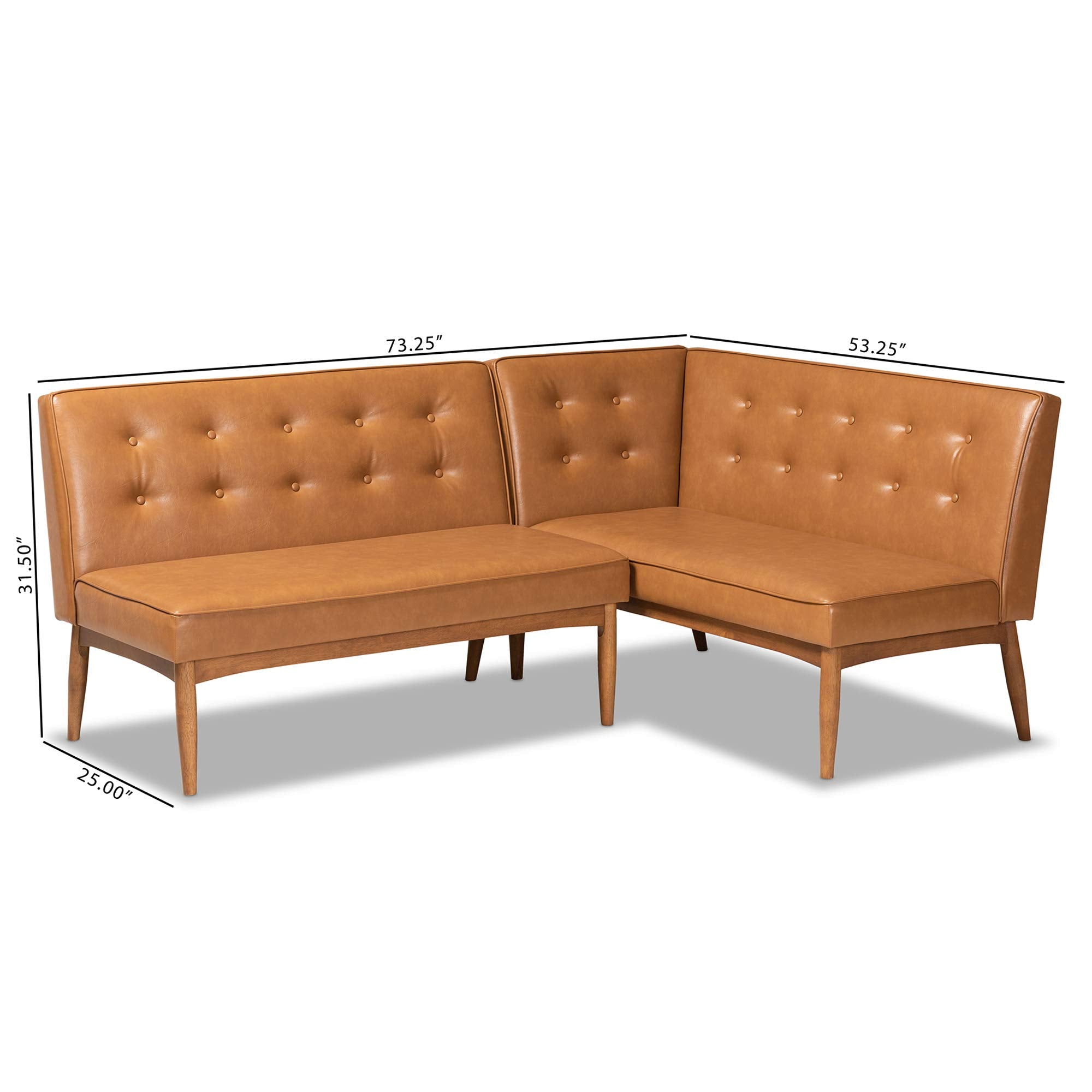 Baxton Studio Arvid Mid-Century Modern Dark Brown Faux Leather Upholstered 2-Piece Wood Dining Corner Sofa Bench