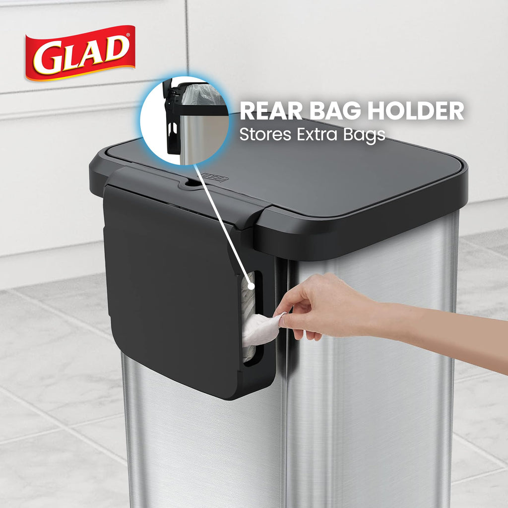 Glad 13 Gallon All Brushed Stainless Steel Trash Can with Clorox Odor Protection | Large Metal Kitchen Garbage Bin with Soft Close Lid, Garbage Bag Rings, Step On Foot Pedal and Waste Bag Roll Holder