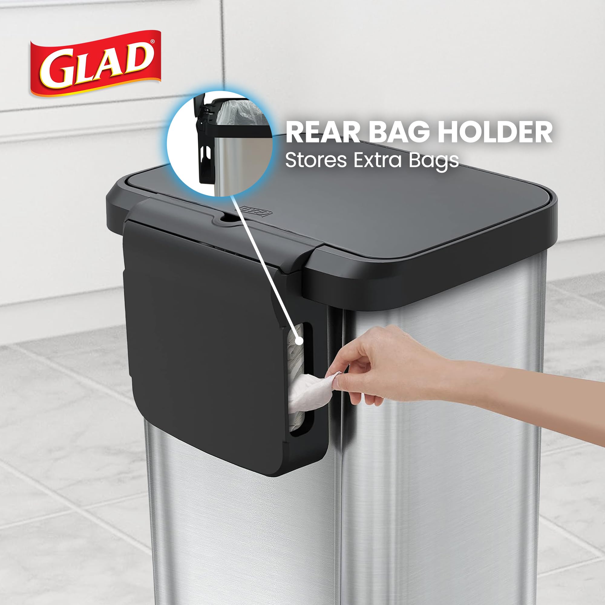 Glad 13 Gallon All Brushed Stainless Steel Trash Can with Clorox Odor Protection | Large Metal Kitchen Garbage Bin with Soft Close Lid, Garbage Bag Rings, Step On Foot Pedal and Waste Bag Roll Holder