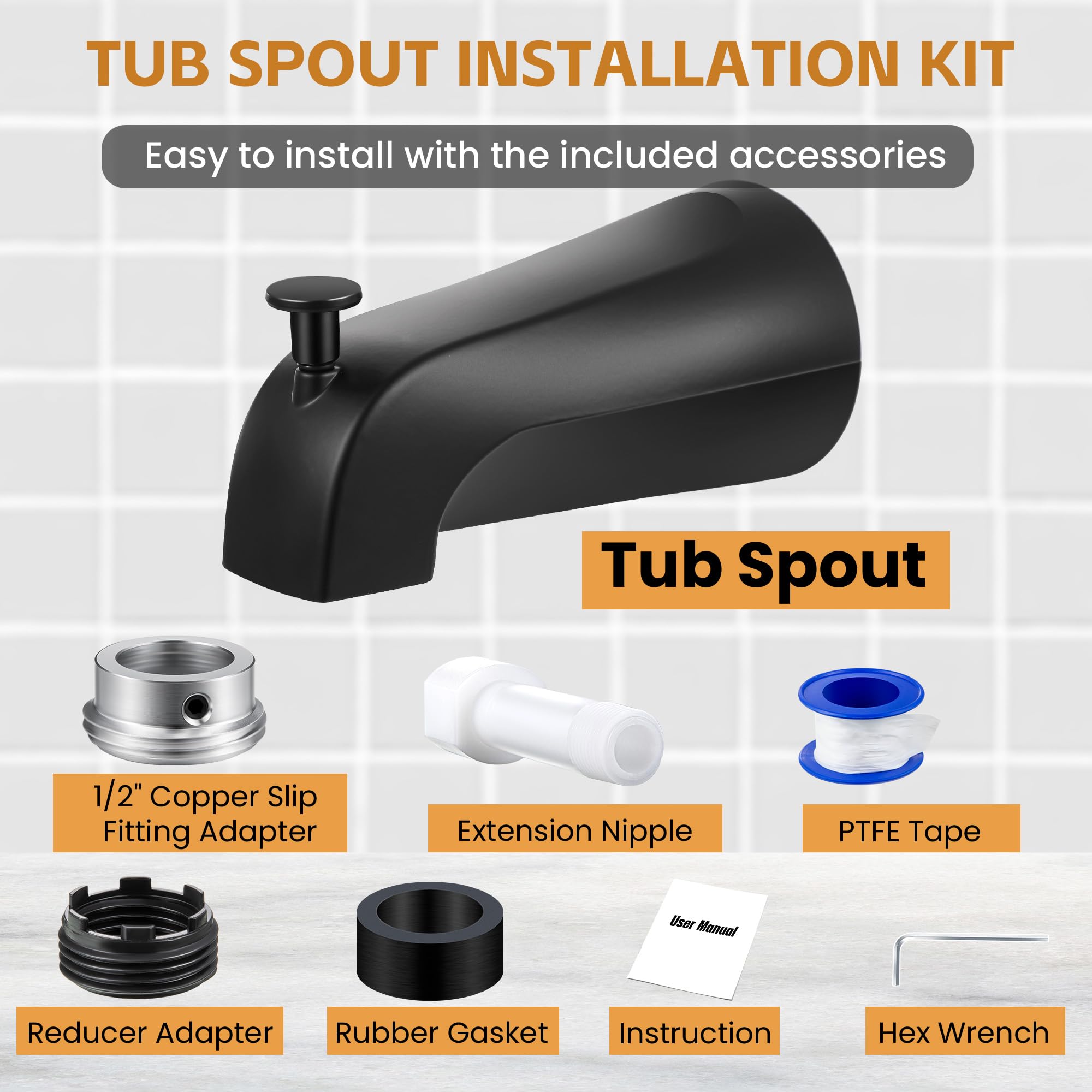 Dreyoo Tub Spout (Universal Fits 1/2" Copper Pipe, 1/2" IPS and 3/4" IPS), Bathroom Bathtub Faucet with Adapters and Hex Wrench(Brushed Nickel,Simple)