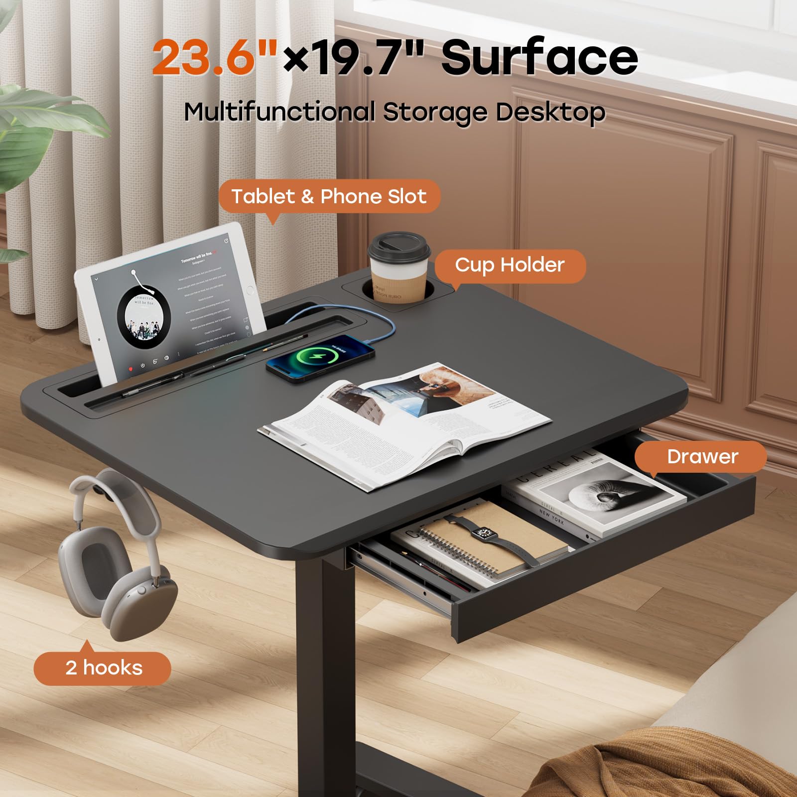 Small Mobile Standing Desk with Drawer, 23.6"x19.7" Rolling Laptop Cart on Wheels, Height Adjustable Sit Stand Computer Workstation with Storage for Compact Space, Black