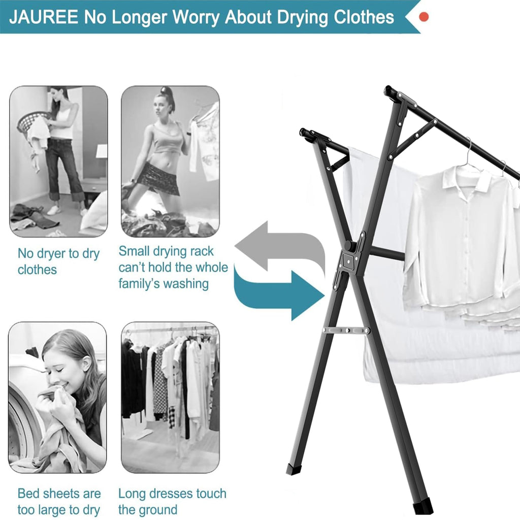 JAUREE 95 Inches Clothes Drying Rack, Drying Rack Clothing Folding Indoor Outdoor, Heavy Duty Stainless Steel Laundry Drying Rack, Foldable Portable Clothes Rack Garment Rack with 20 Hooks Black