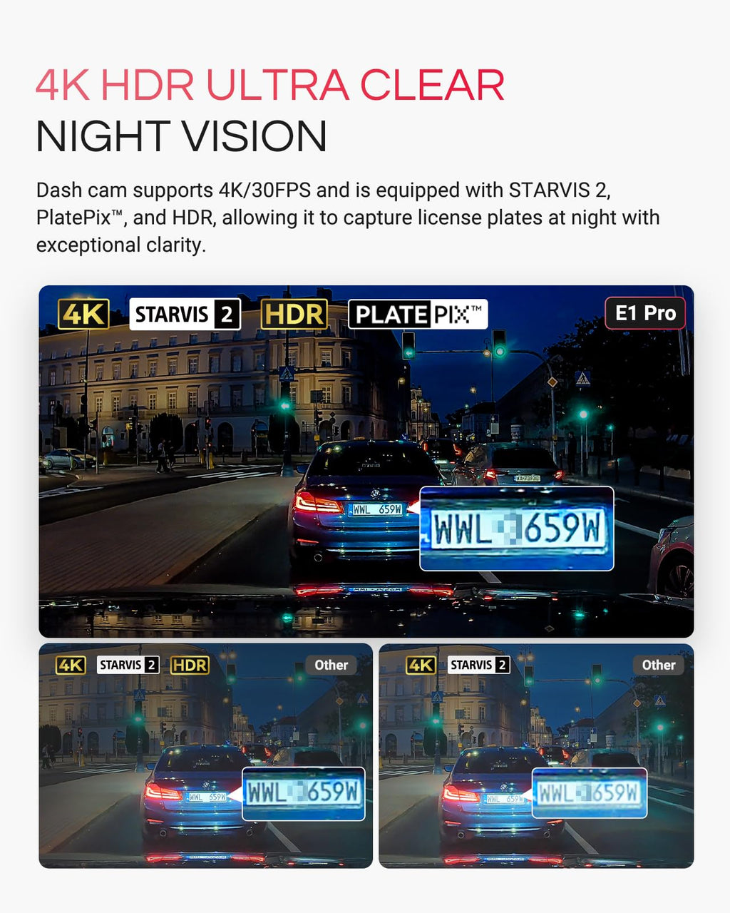 Vantrue E1 Pro 4K Mini Dash Cam Front - STARVIS 2 Night Vision with PlatePix™, HDR Car Camera, Built-in 5.8G WiFi GPS, Voice Control, 24/7 Buffered Parking Mode, Support 1TB Max