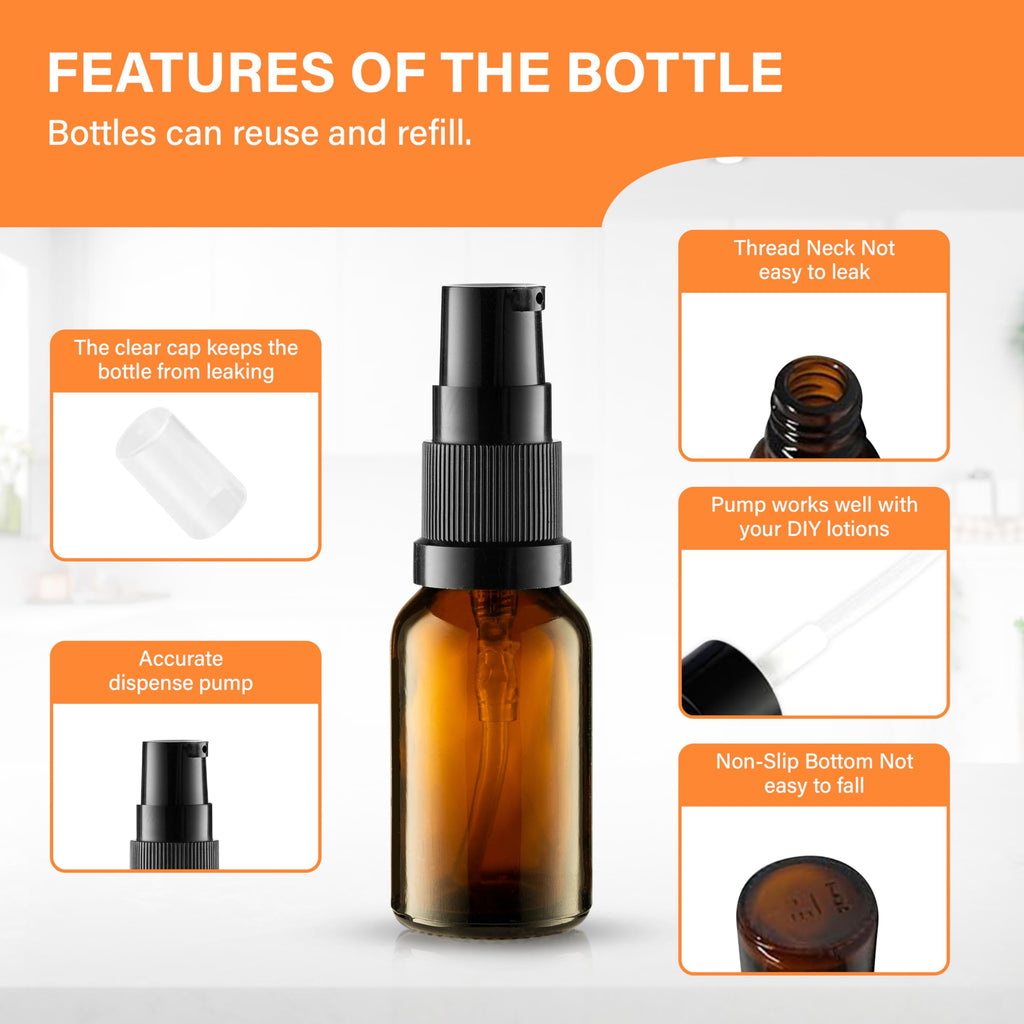 VitalUp Empty Refillable Glass Amber Pump Bottle Ideal for Lotion Cream Essential Oil Travel Small Container - 2 Pack (50ml)