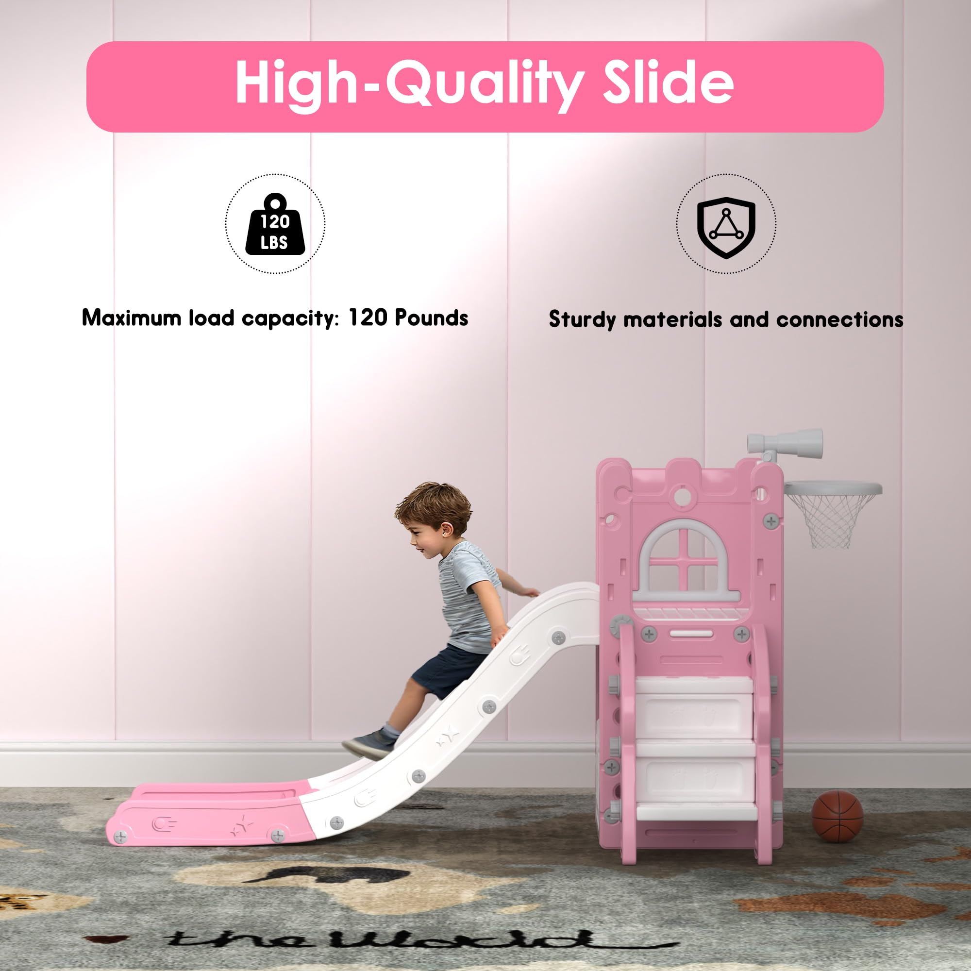 LulliSpace 6 in 1 Toddler Slide,Kids Playset for Toddlers Indoor Outdoor, Baby Slide with Basketball Hoop, Telescope & Storage Space,Non-Slip Steps for Great Gift