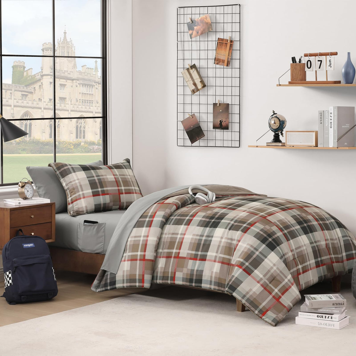 MaiRêve Queen Comforter Set, Classic Plaid Farmhouse Bedding Sets 7 Pieces, Beige All Season Bed in A Bag with Sheets, Pillowcases & Shams