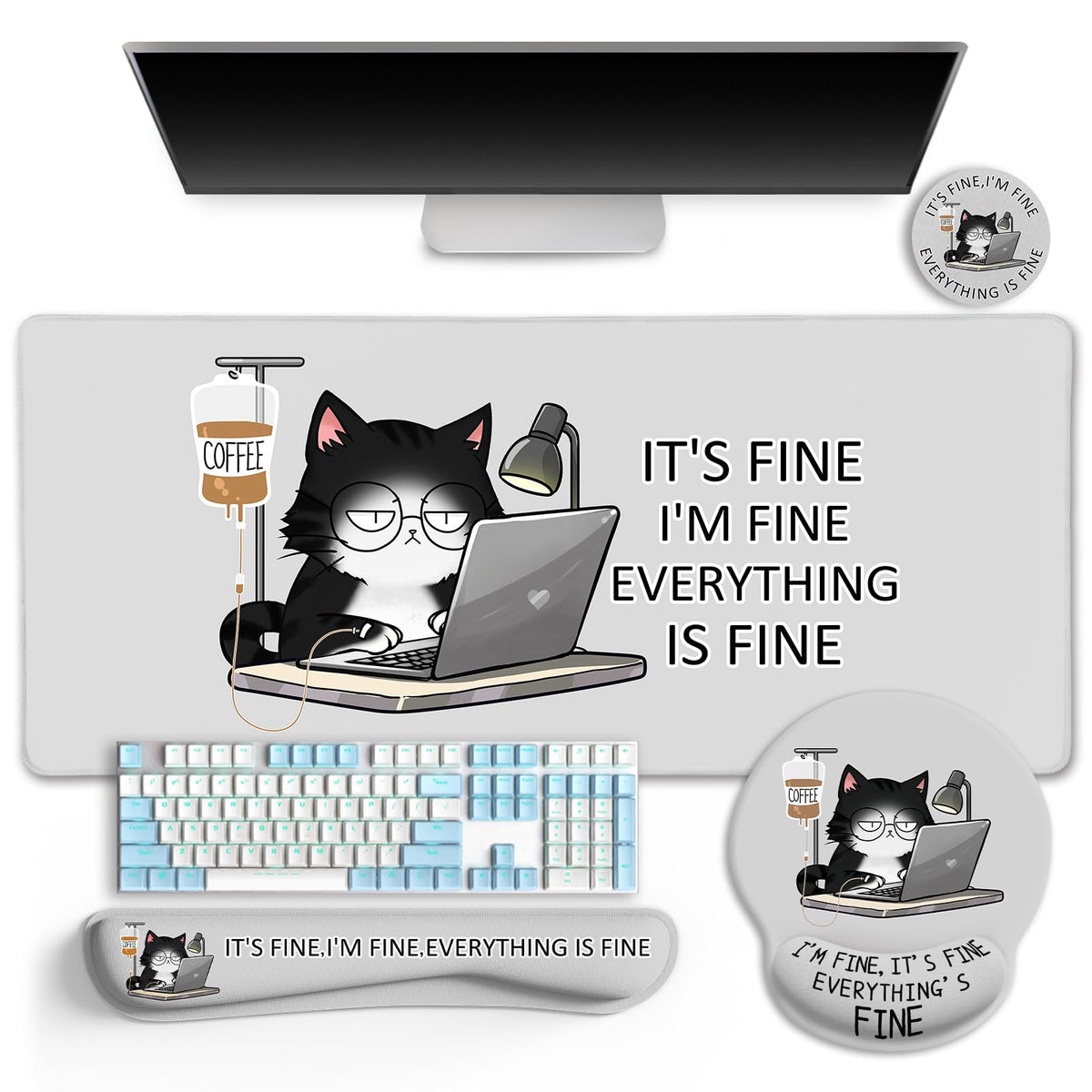 Black Striped Ergonomic Large Desk Mat Set with Wrist Rest