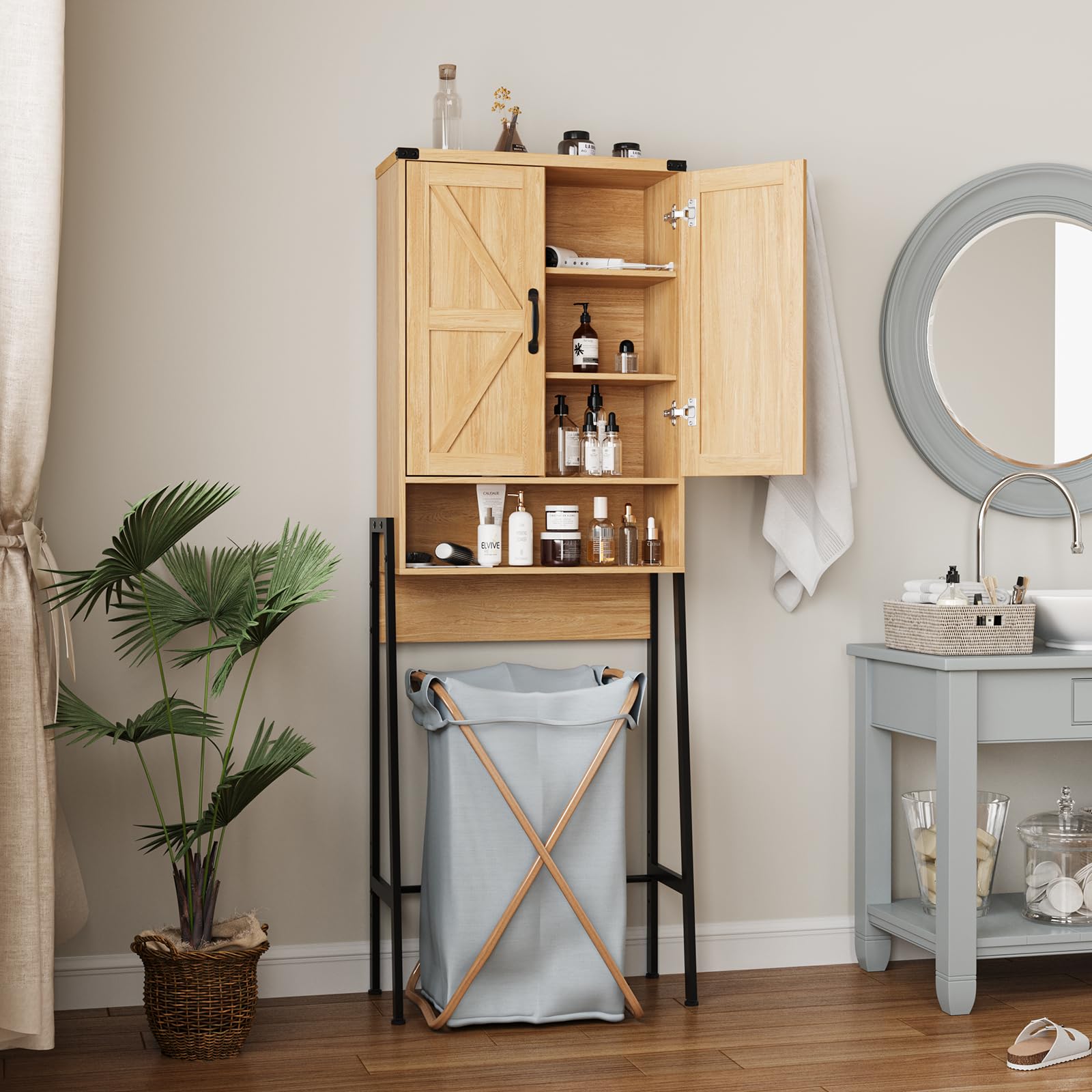 Vabches Over The Toilet Storage Cabinet with 2-Door Design Bathroom Organizers and Storage with Anti-Tip Device Over Toilet Organizer with Shelves for Bathroom,Restroom,Laundry Black
