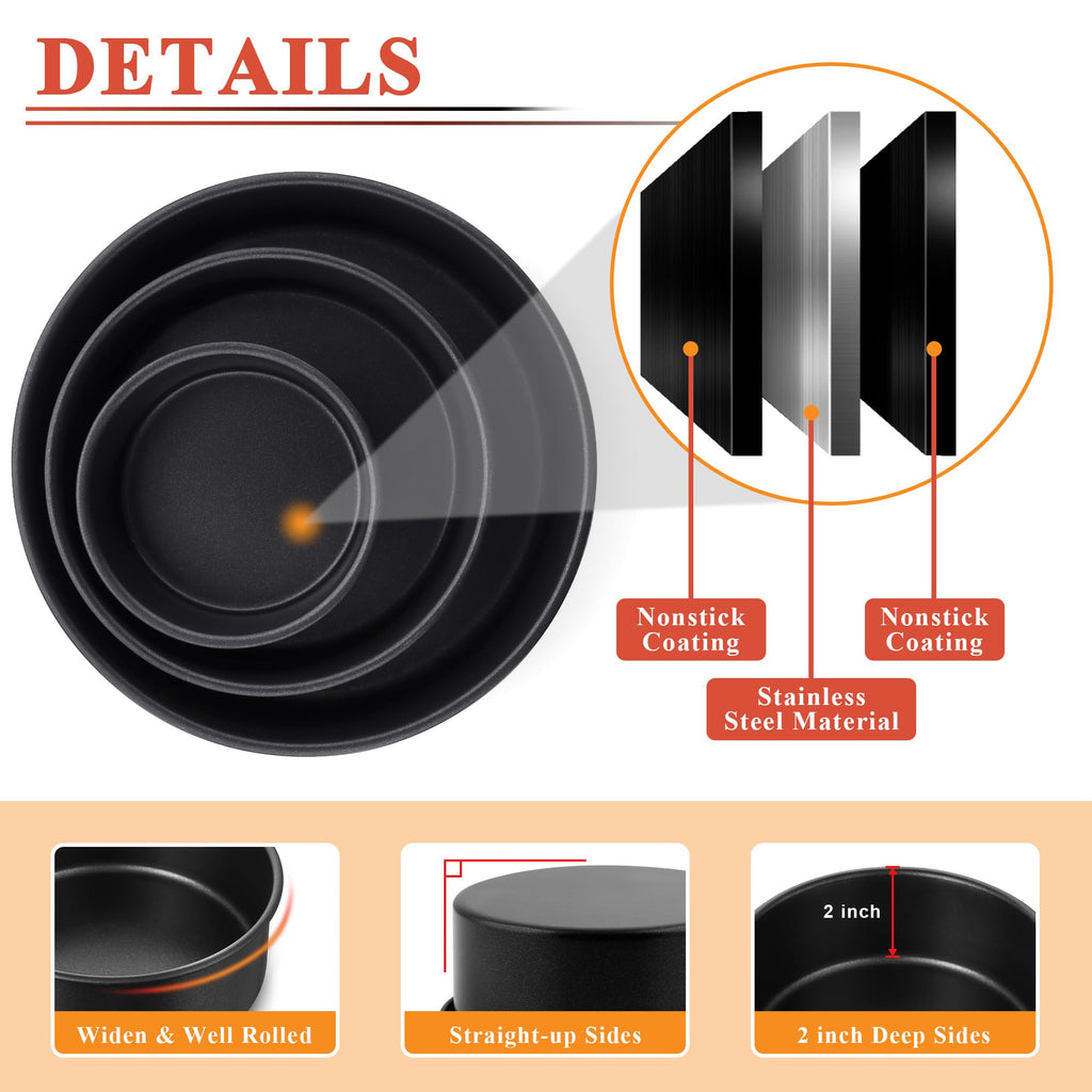 E-far 4 Inch Cake Pan Set of 3, Nonstick Stainless Steel Mini Round Cake Pans Tin, Small Size for Baking Smash Cakes/Cheesecake, Stainless Steel Core & Non-toxic Coating, Straight Side & 2 Inch Deep