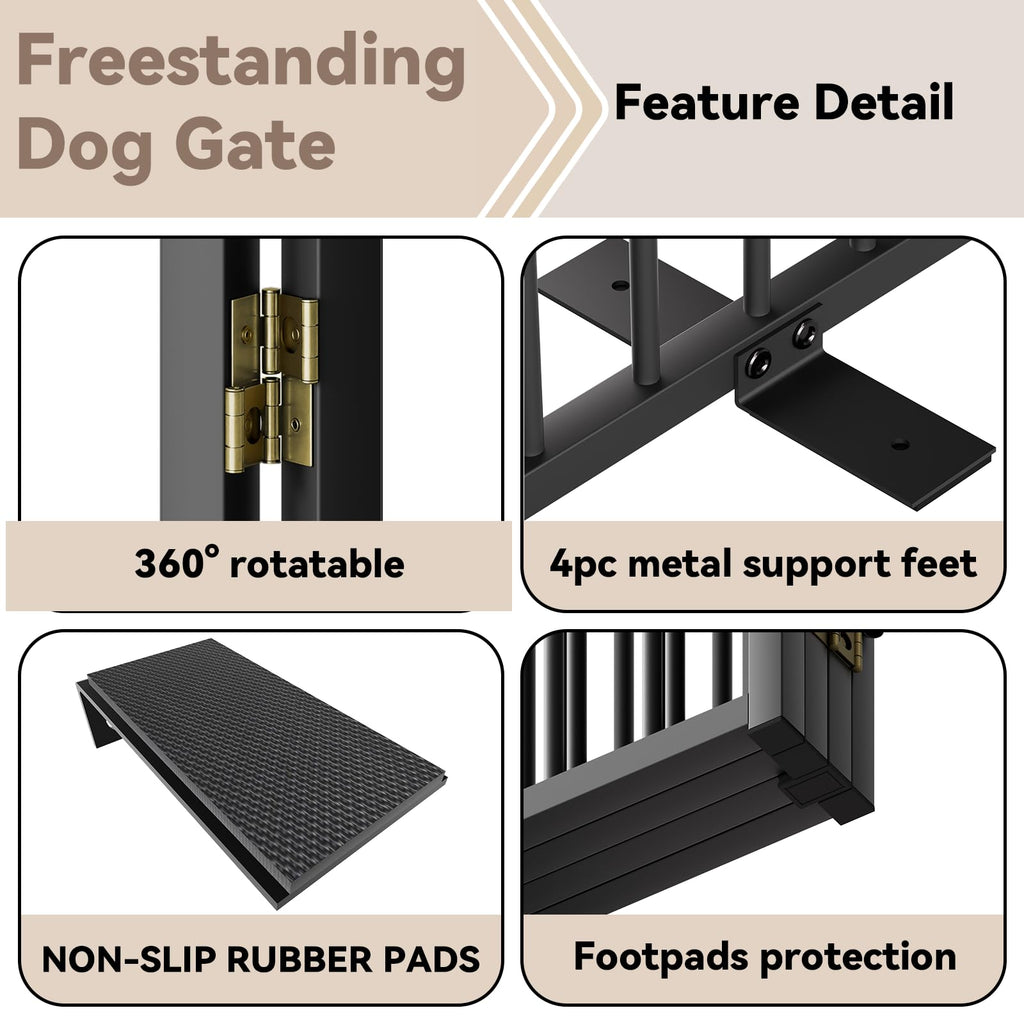 SNUOWU Full Metal Freestanding Dog Gate with Door, 24'' Height Foldable Pet Dog Fence for Indoor & Outdoor, 2 Panels Extra Wide Free Standing SmallDog Gates for Doorways,House,Stairs,Porch,Deck,Yard
