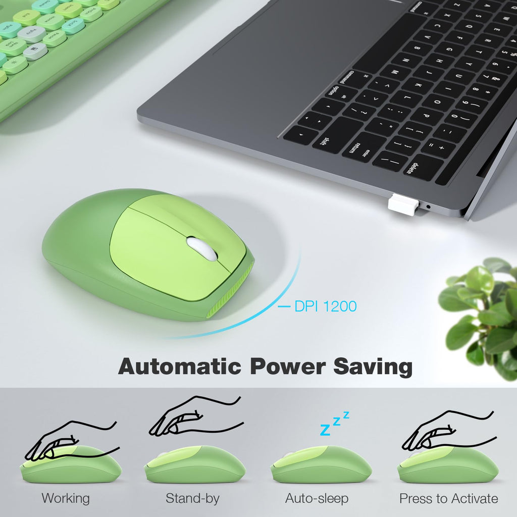 MOFII Wireless Keyboard and Mouse Combo, Compact Typewriter Retro Round Computer Keyboard and Mouse Set, Plug and Play, for Windows, Computer, Desktop, PC, Notebook - Black Green Gradient