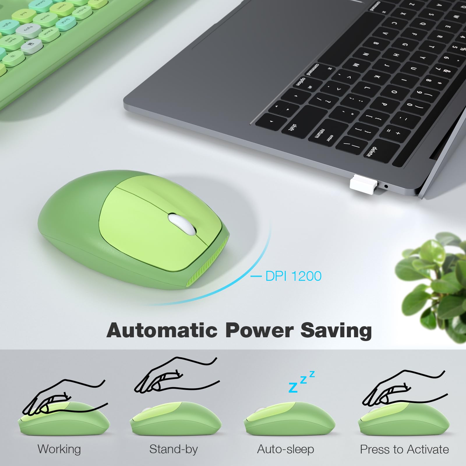 MOFII Wireless Keyboard and Mouse Combo, Compact Typewriter Retro Round Computer Keyboard and Mouse Set, Plug and Play, for Windows, Computer, Desktop, PC, Notebook - Black Green Gradient