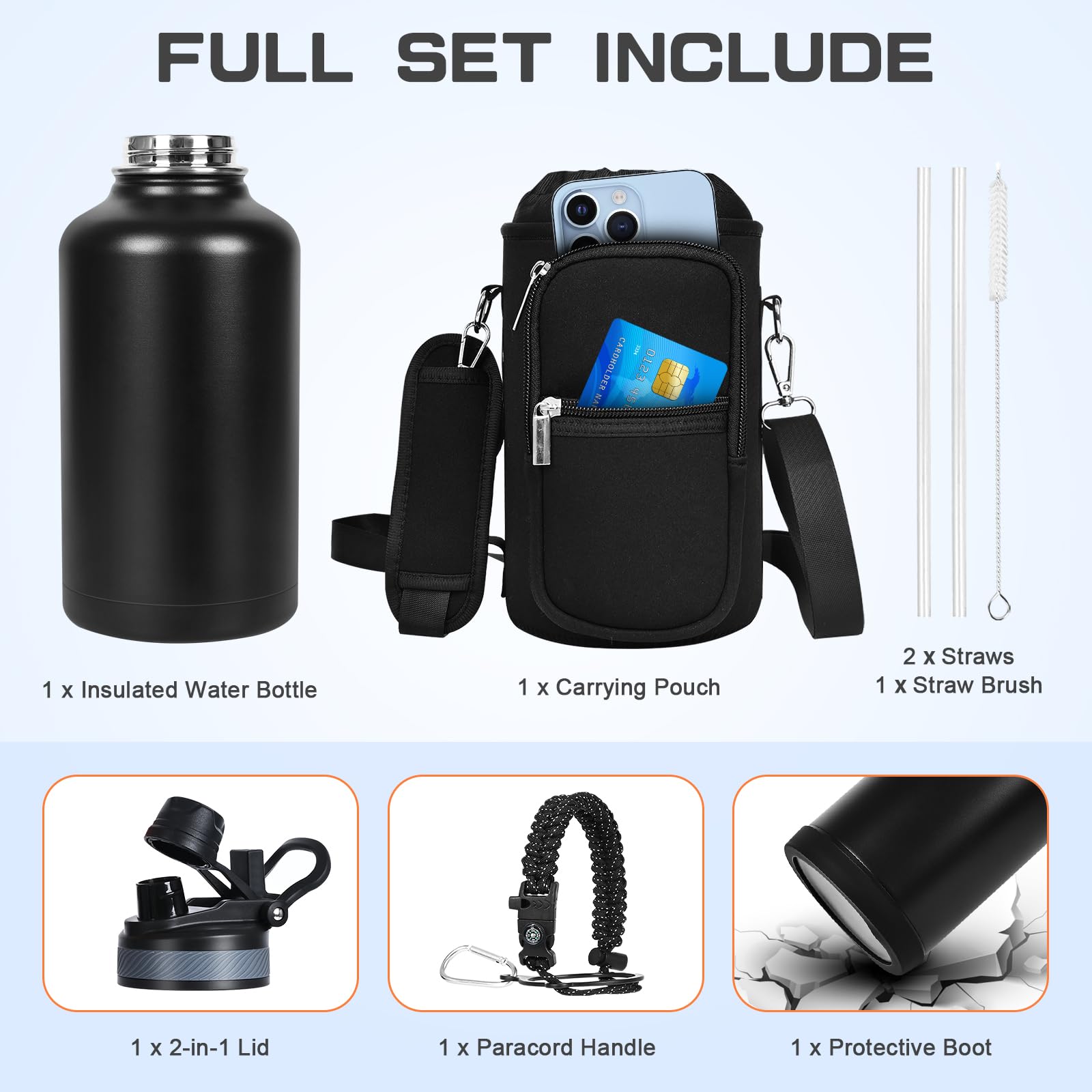GAZLEMHO 40 oz Insulated Water Bottle with Straw& Spout 2-in-1 Lid, Triple Wall Vacuum Stainless Steel Cold 48H, Leak Proof Sports Metal Flask Jug with Paracord Handle, Black