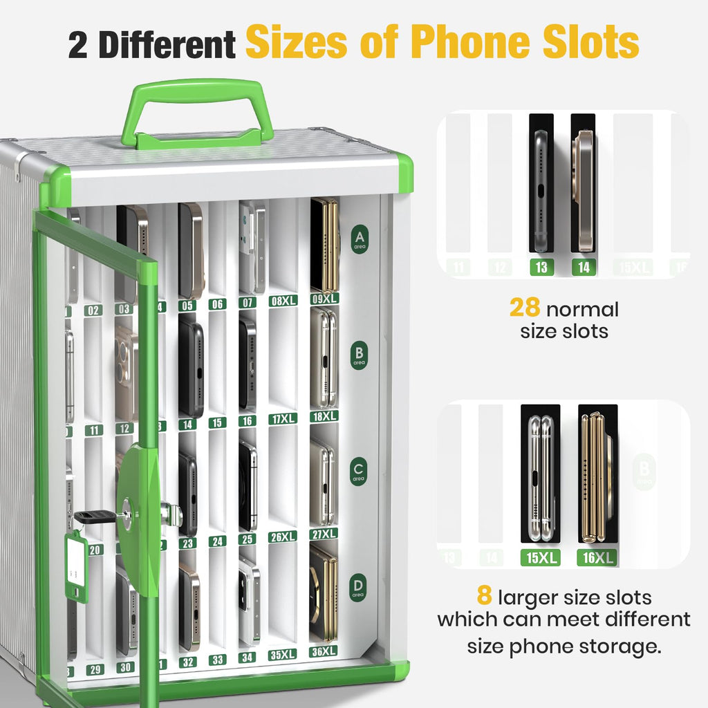 Glosen Cell Phone Locker 24 Slots, Portable Phone Storage Cabinet [Wall Mounted] [Silver 24 Slots-Universal Key ] Aluminum Alloy Cellphone Lock Box with Key & Handle for School Classroom Office Exam