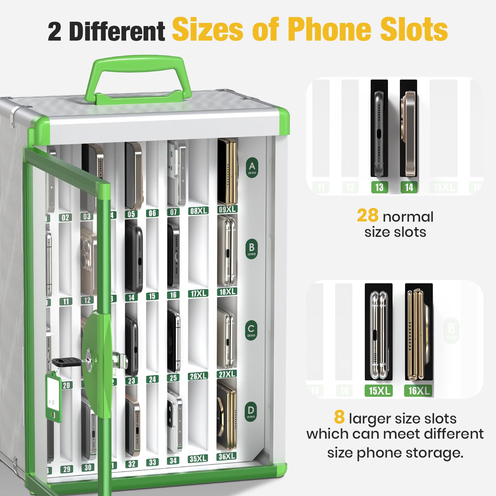 Glosen Cell Phone Locker 24 Slots, Portable Phone Storage Cabinet [Wall Mounted] [Silver 24 Slots-Universal Key ] Aluminum Alloy Cellphone Lock Box with Key & Handle for School Classroom Office Exam