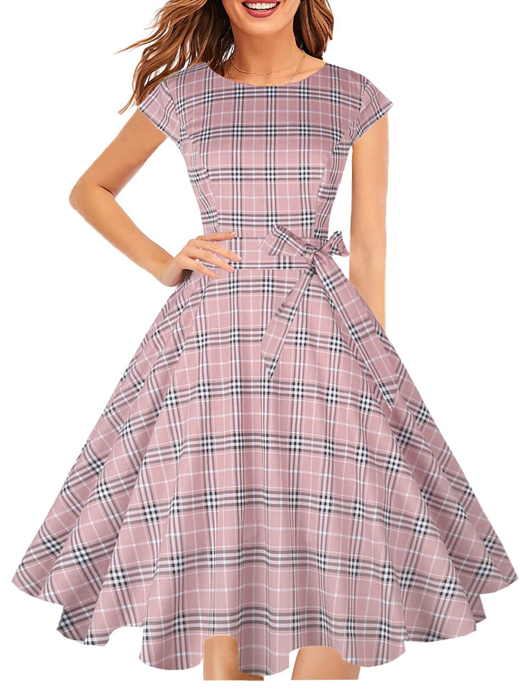 PUKAVT Women's 1950 Boatneck Cap Sleeve Vintage Swing Cocktail Party Dress with Pockets