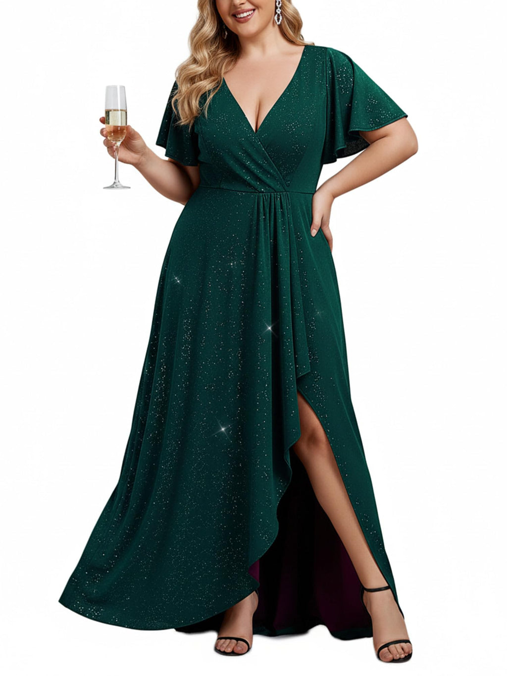 Ever-Pretty Glitter Formal Dresses for Cuvvy Women Plus Size A-line High Low Wedding Guest Gala Dress with Ruffles Sleeves