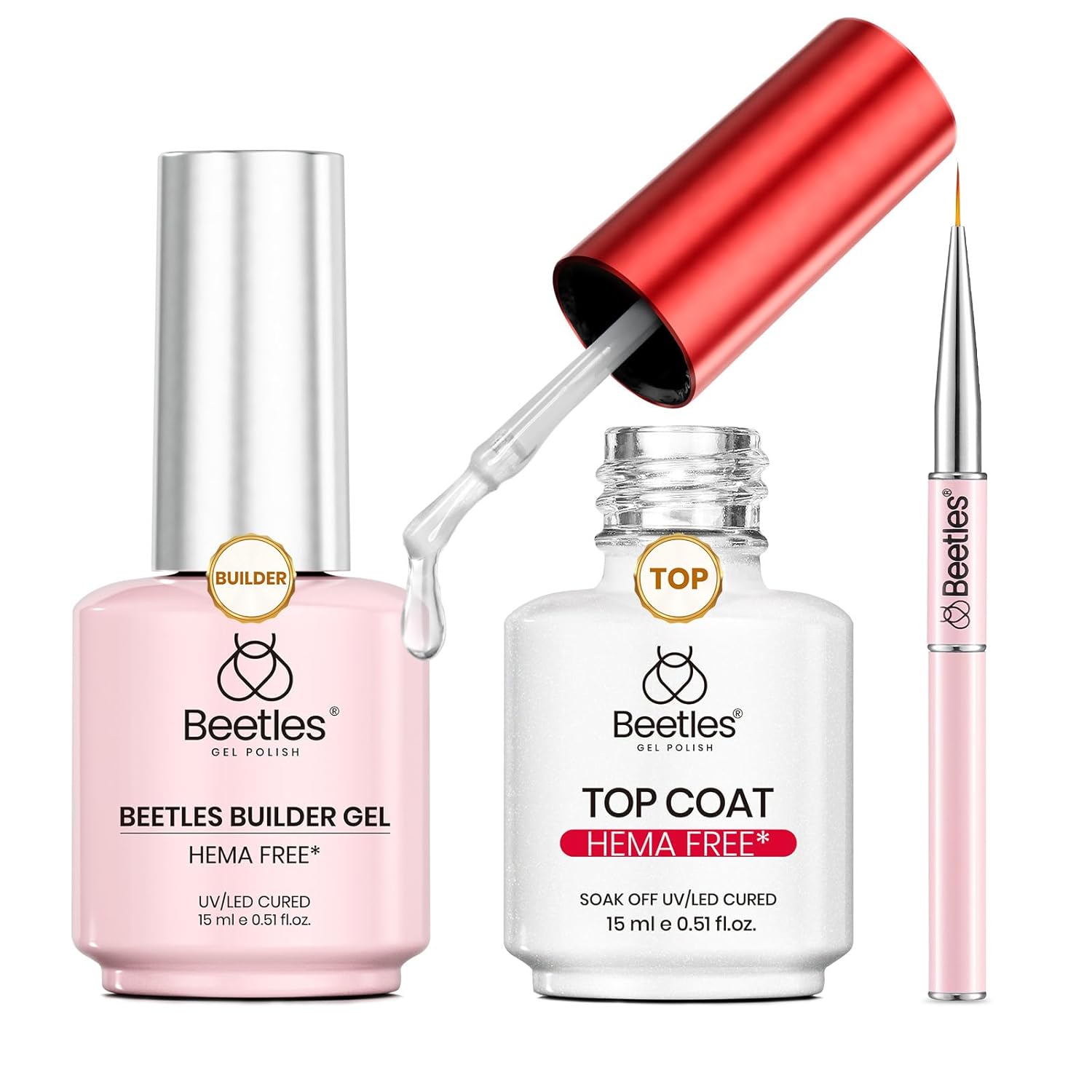 Beetles 2Pcs 15ml Gel Base and Top Coat Set - Upgrade No Wipe Extra Glossy Top Coat Finish for Gel Nail Polish, Soak Off UV/LED Lamp Needed, Essentials for Long-Lasting Manicure Kit