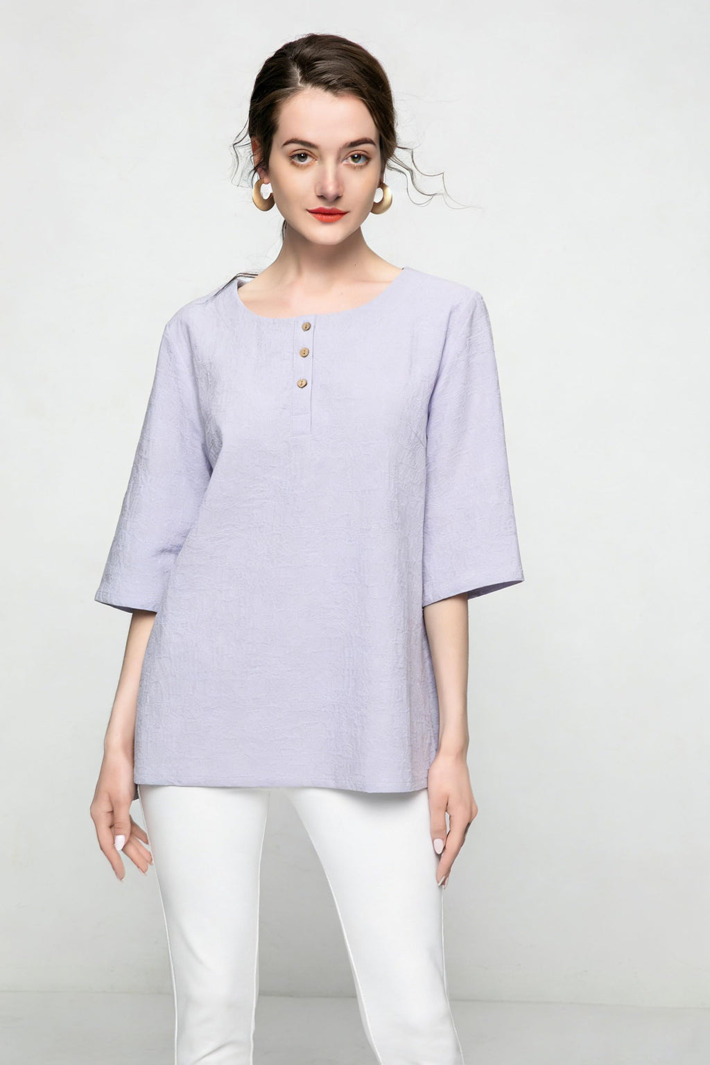 Minibee Women's 3/4 Sleeve Cotton Linen Jacquard Blouses Top T-Shirt
