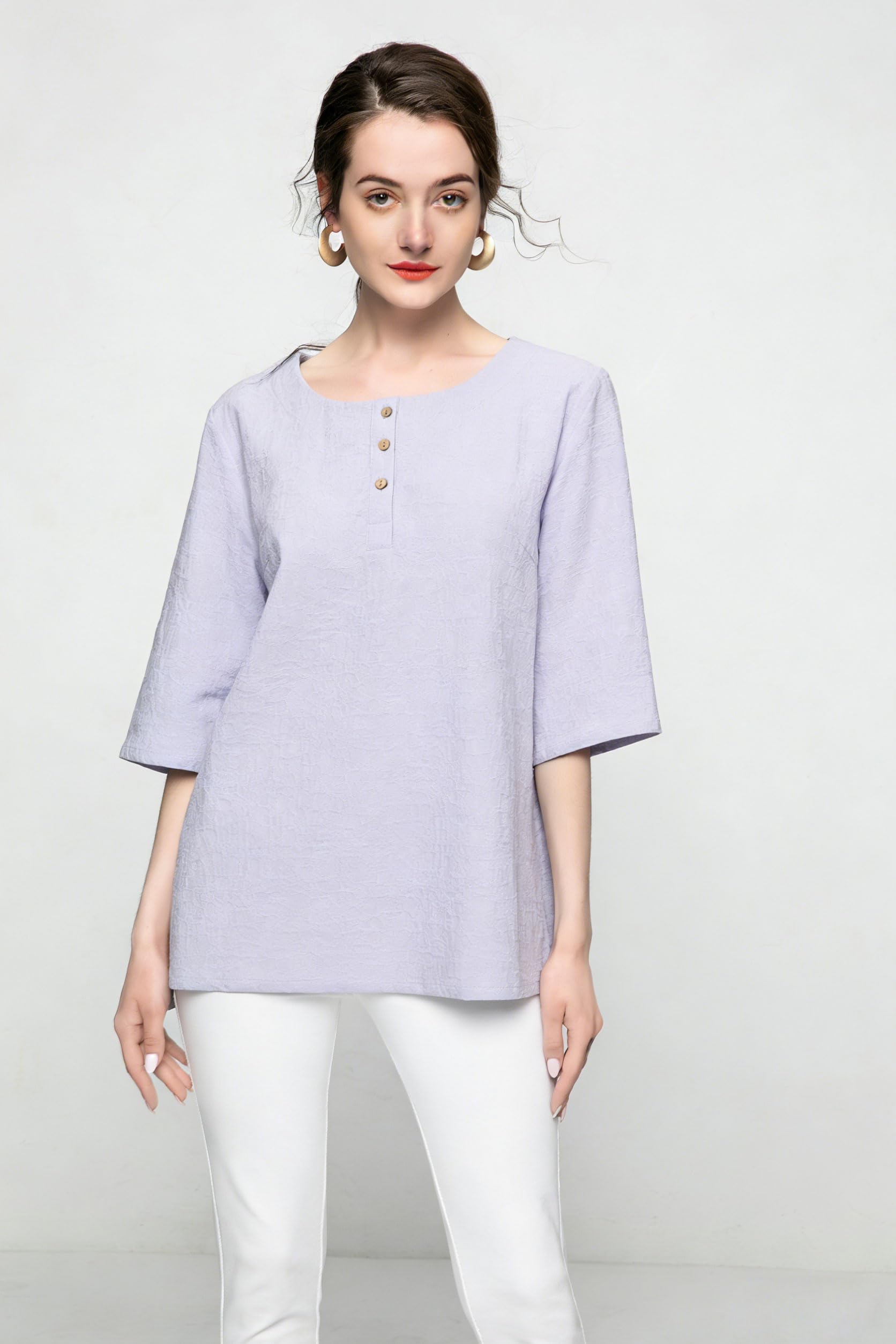 Minibee Women's 3/4 Sleeve Cotton Linen Jacquard Blouses Top T-Shirt