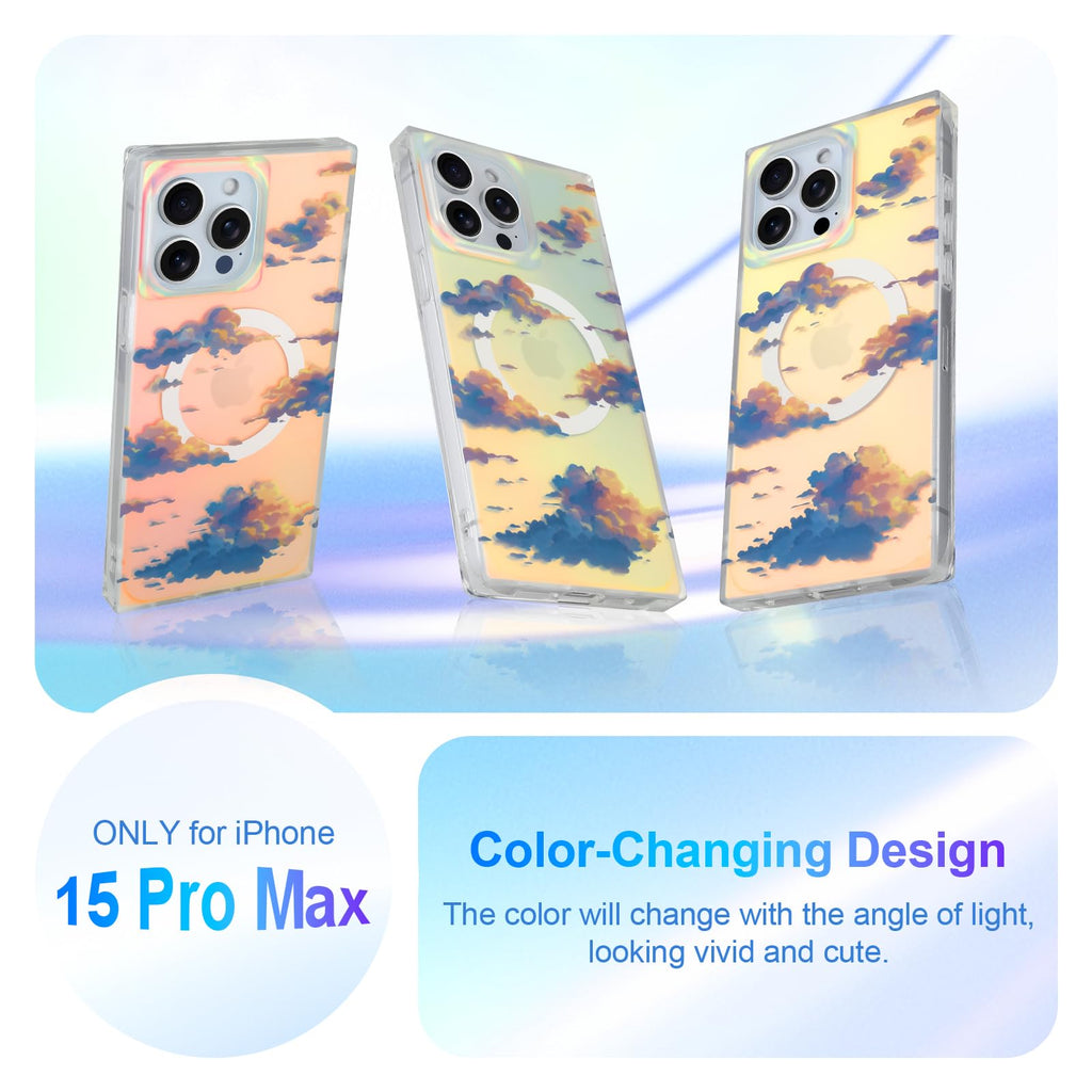 Cute Case for iPhone 13 Pro Case for Women Girls with Iridescent Cloud Pattern Design, Aesthetic Trendy Girly Matte Glitter Sparkly Rainbow Rectangle Protective Phone Cover, Sun Set Sky