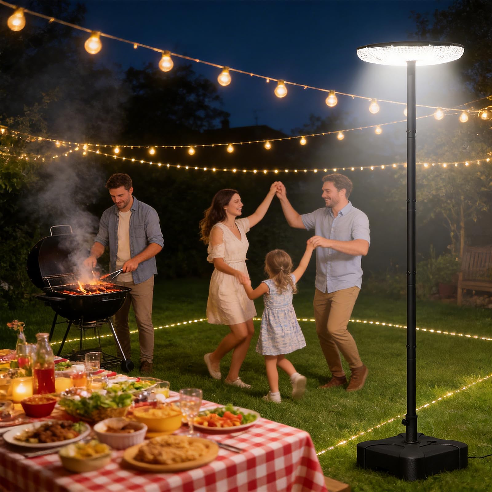 Outdoor Light Pole with Fillable Base, 8ft Cast Iron Lamp Post, 5-Section Heavy Duty Adjustable Pole for Garden, Yard, Pathway & Parking Lot, Portable Sand/Water Box Street Light Stand