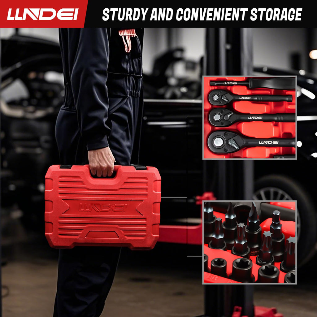 LLNDEI 1/2 inch Drive Deep Impact Socket Set, 37 Piece Standard SAE 3/8" to 1-1/4" | Metric 8 to 24mm, Includes Spark Plug Socket (16, 21mm), CR-MO Universal Joint, Extension Bars and Adapter