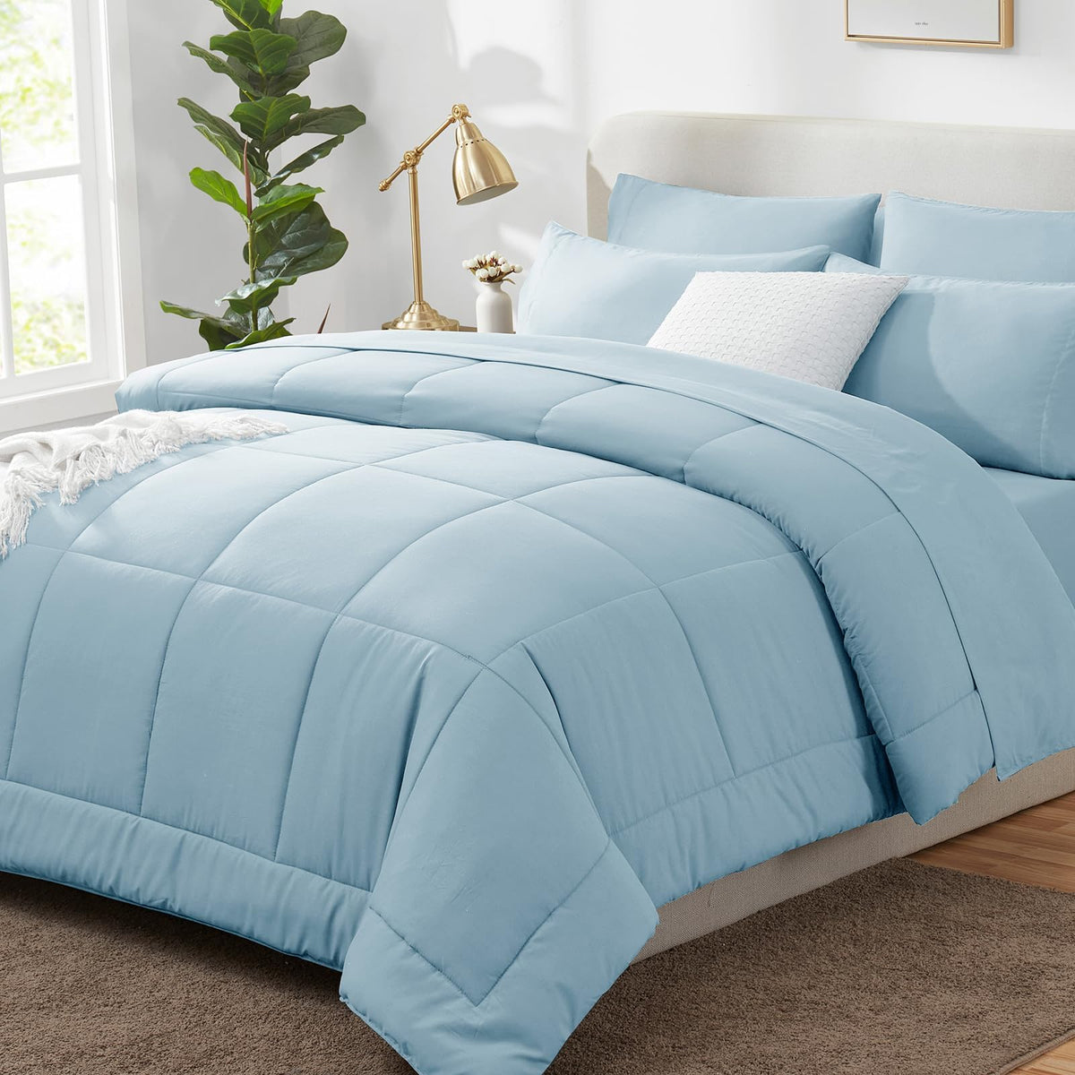 CozyLux Twin XL Comforter Set Baby Blue, 5 Pieces Twin Extra Long Bed in a Bag for College Dorm, All Season Bedding Set with Stitch Quilted Comforter, Flat Sheet, Fitted Sheet, Pillowcases