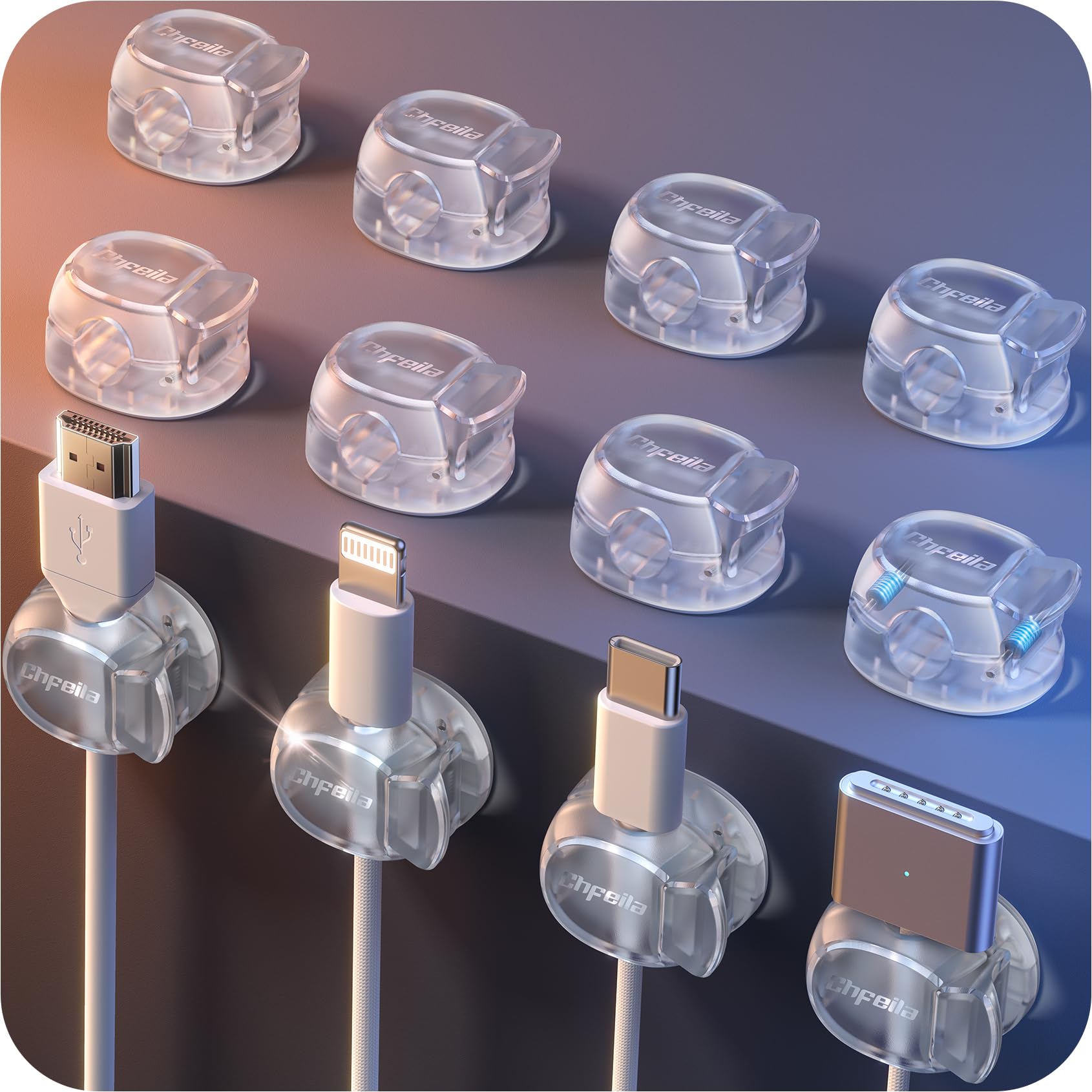 Cable Clips - Chfeila Latest Dual Spring Cord Organizer with Clasp Lock, 6Pack [Max Stability] Desk Cable Management, Adhesive Phone Charging Wire Holder for Nightstand/Car/Wall, Office Accessory